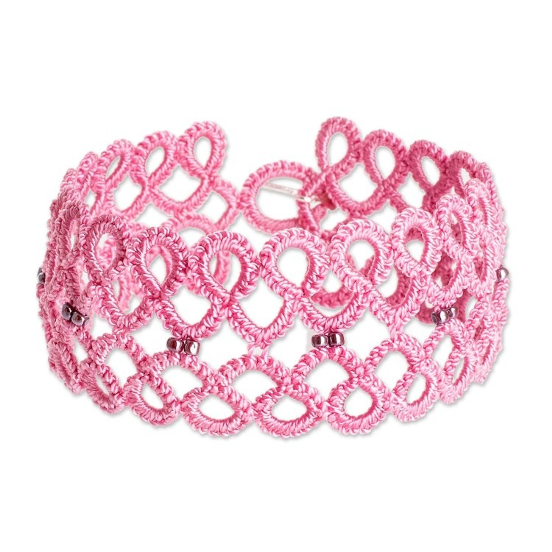 Handwoven Pink Wristband Bracelet with Glass Beads 'Gleams of Sweetness'