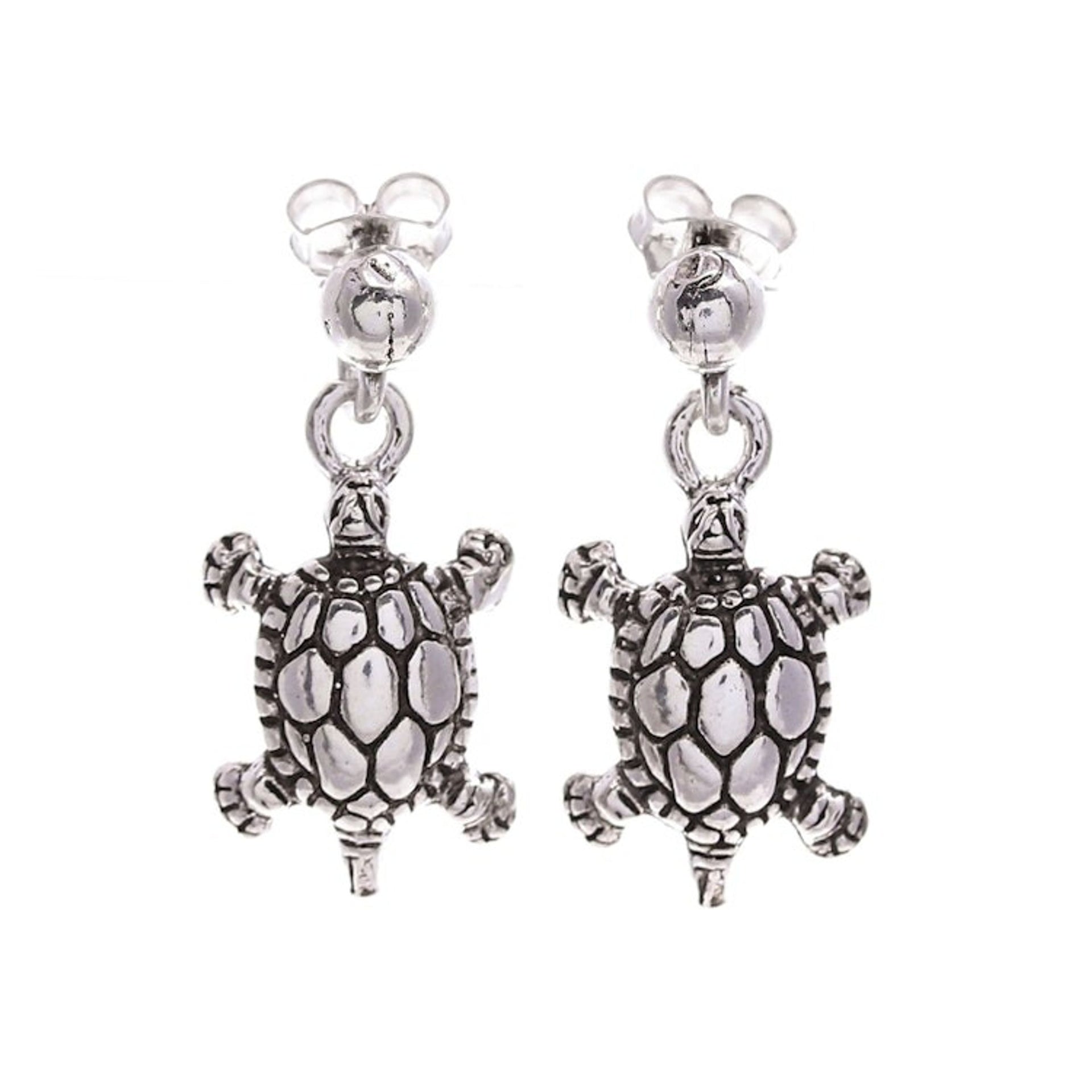 Sterling Silver Turtle Dangle Earrings with Oxidized Finish 'Traditional Shells'
