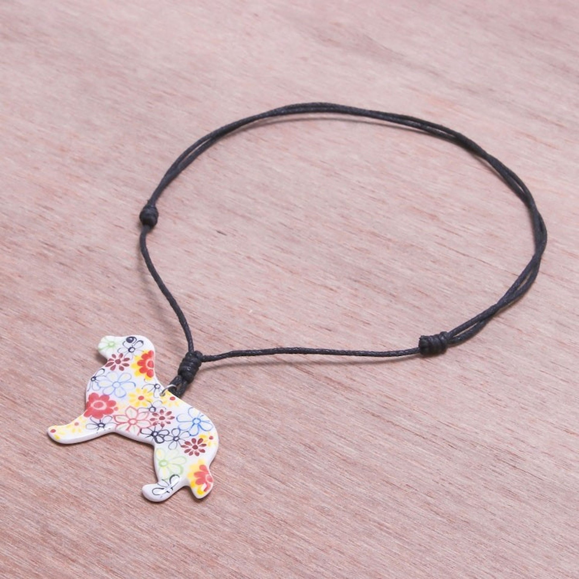 Ceramic Dog Pendant Necklace with Painted Floral Motifs 'Floral Dog'