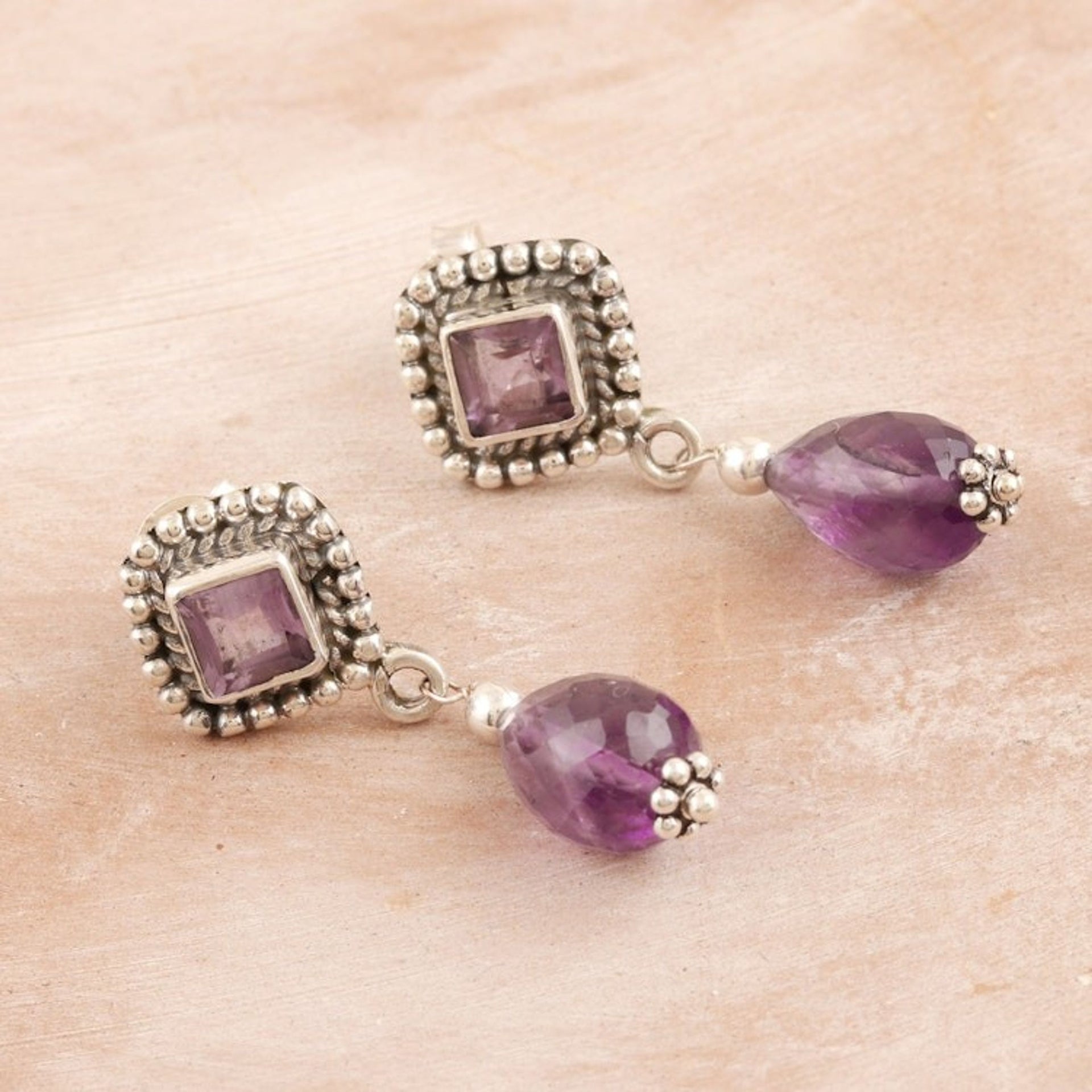 1-Carat Amethyst Dangle Earrings Made From Sterling Silver 'Royal Wisdom'