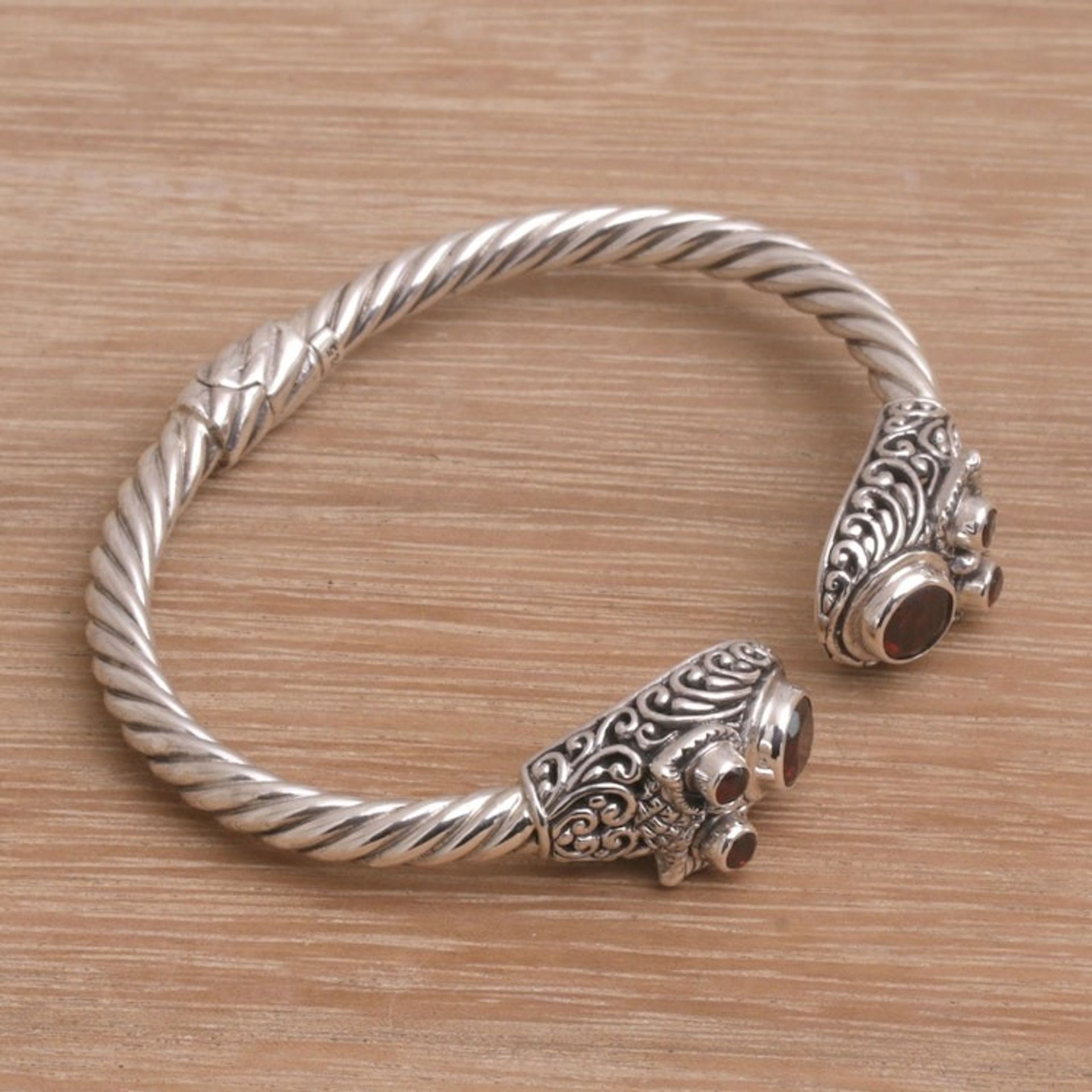 925 Sterling Silver Rope Cuff Bracelet with Garnet Stones 'Crimson Daydream'