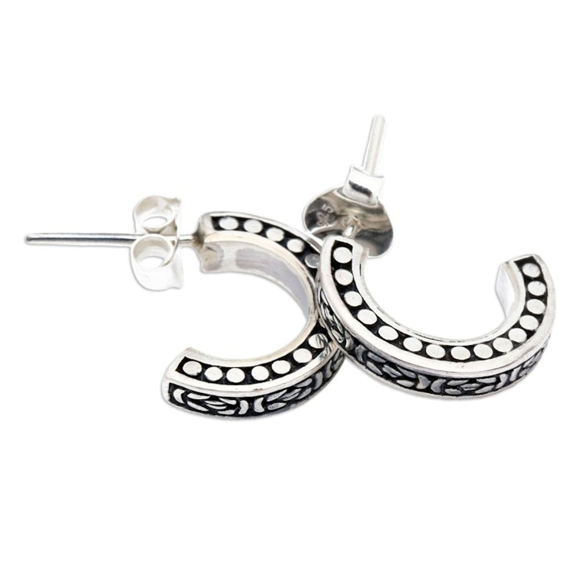 Traditional Sterling Silver Half-Hoop Earrings from Bali 'Woven Fate'