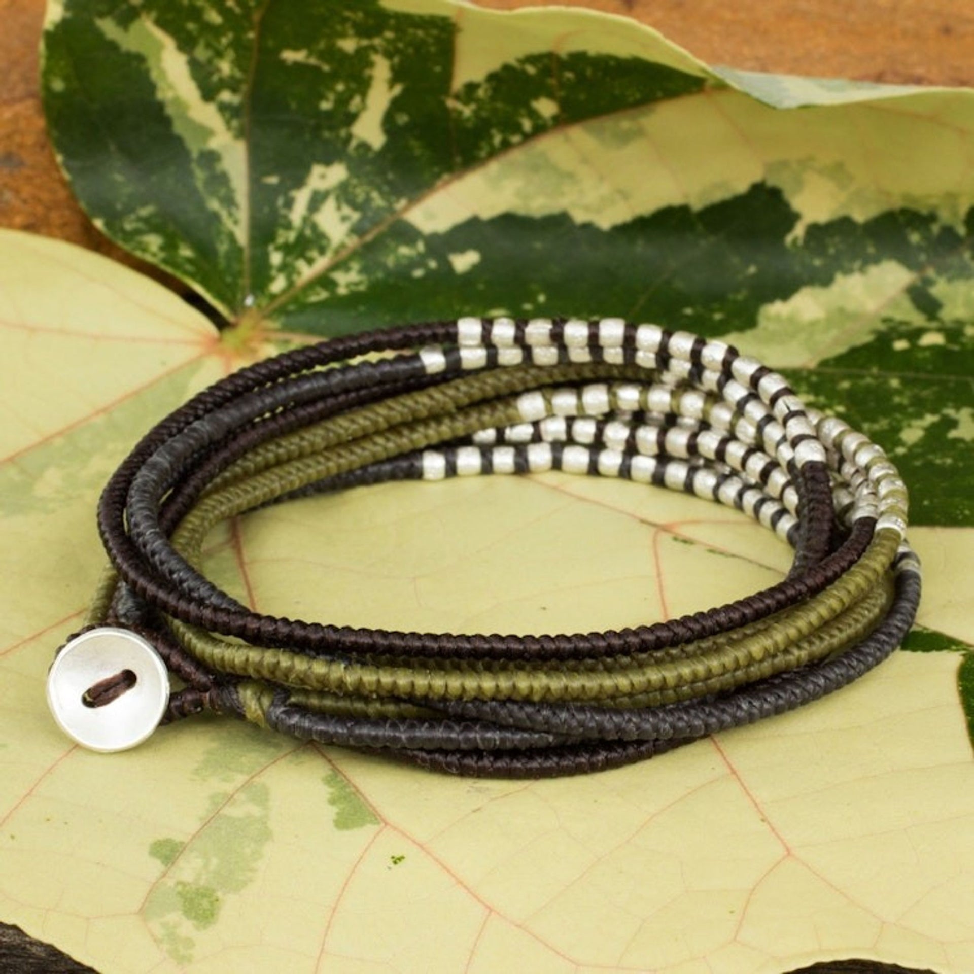 Brown Khaki Grey Wrap Bracelet with Silver Accents 'Karen Khaki Chic'