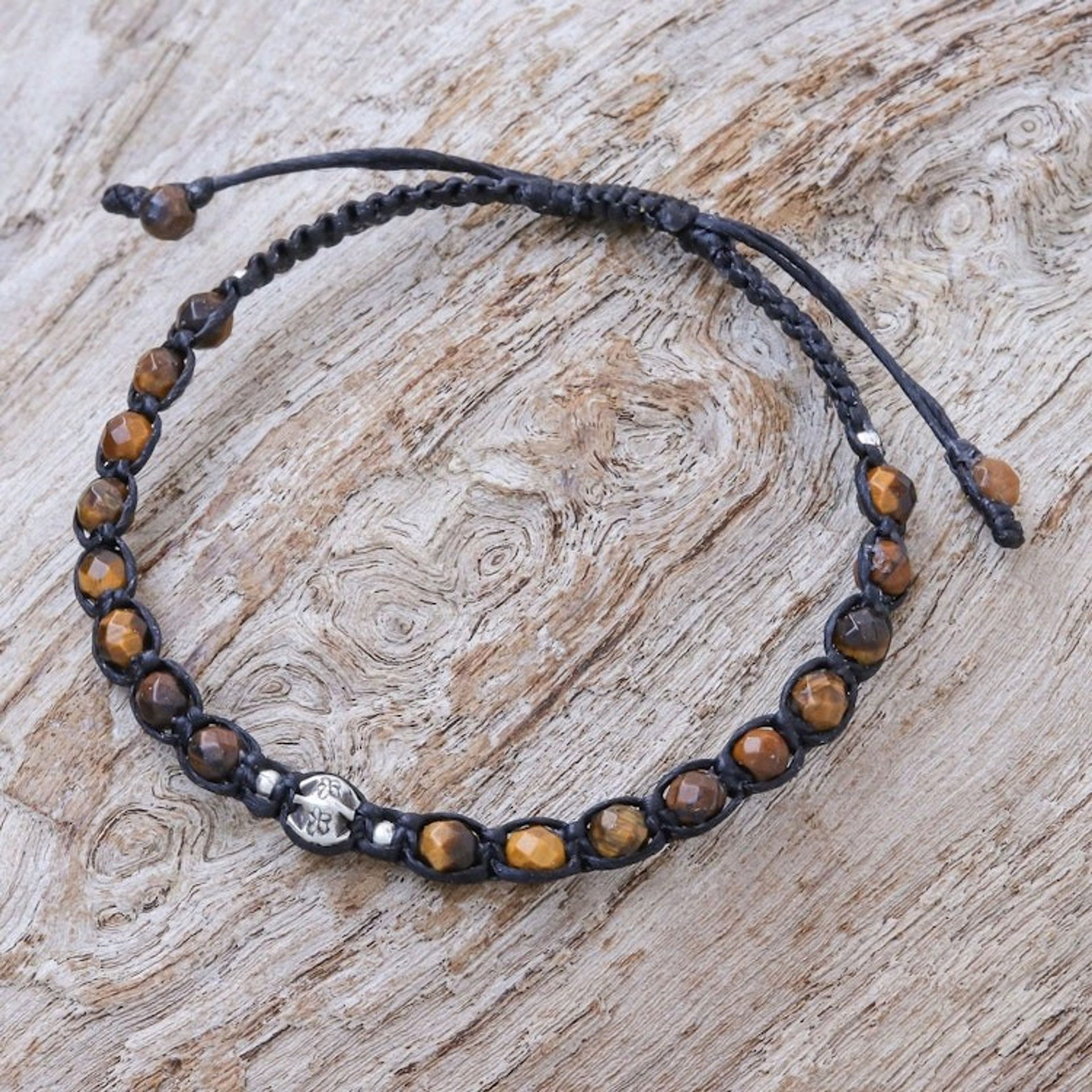 Hand Crafted Tiger's Eye and Silver Beaded Cord Bracelet 'Eye of the Tiger'