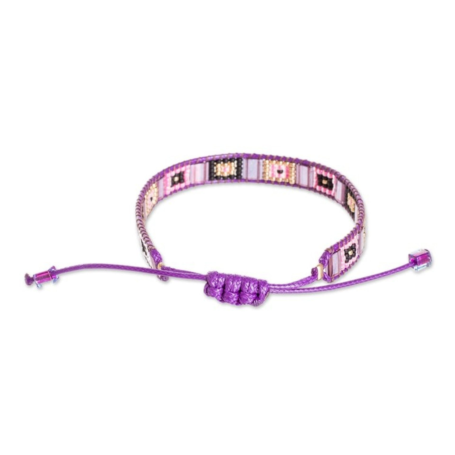 Handmade Purple and Pink Glass Beaded Wristband Bracelet 'Geometric Delight'