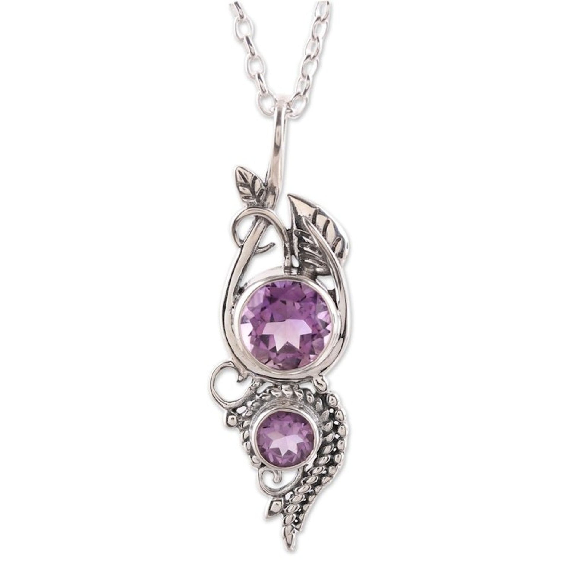 Amethyst Leaf Pendant Necklace from India 'Classic Glory'