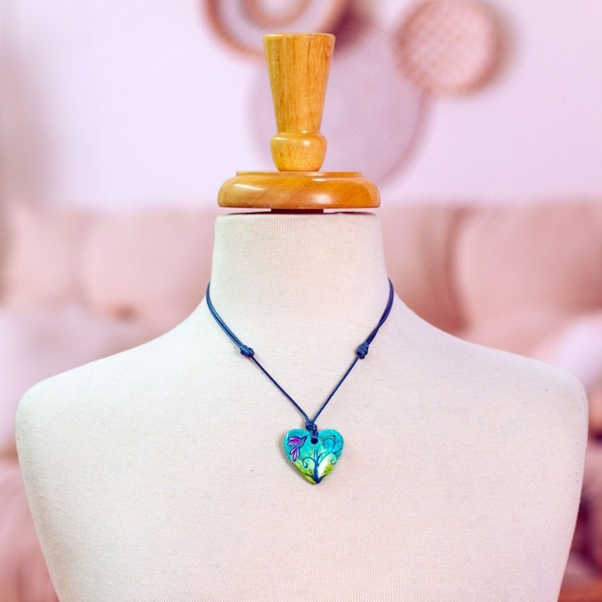 Papier Mache Hummingbird Pendant Necklace from Mexico 'Sky Hummingbird'