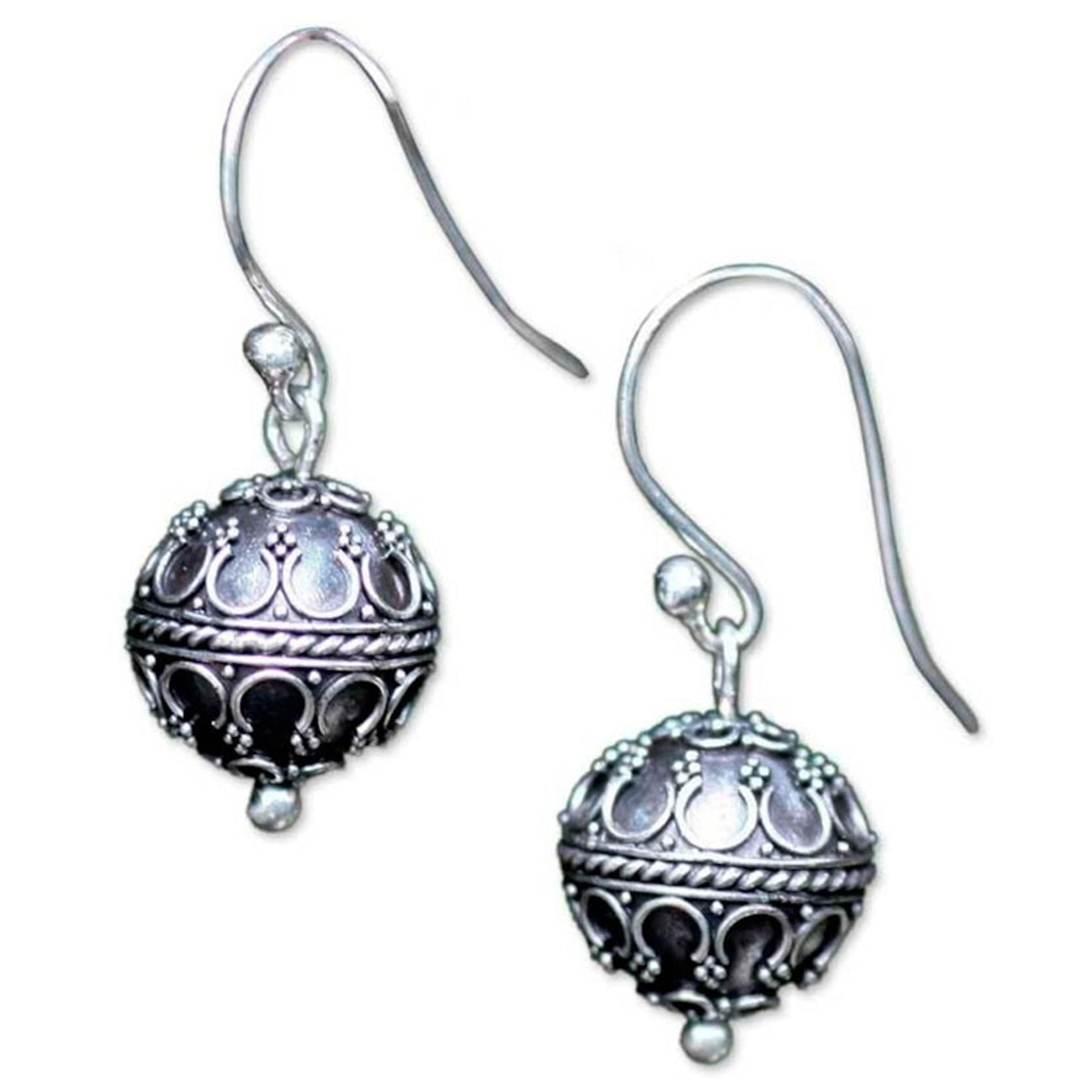 Indonesian Sterling Silver Dangle Earrings 'Exotic Globe'