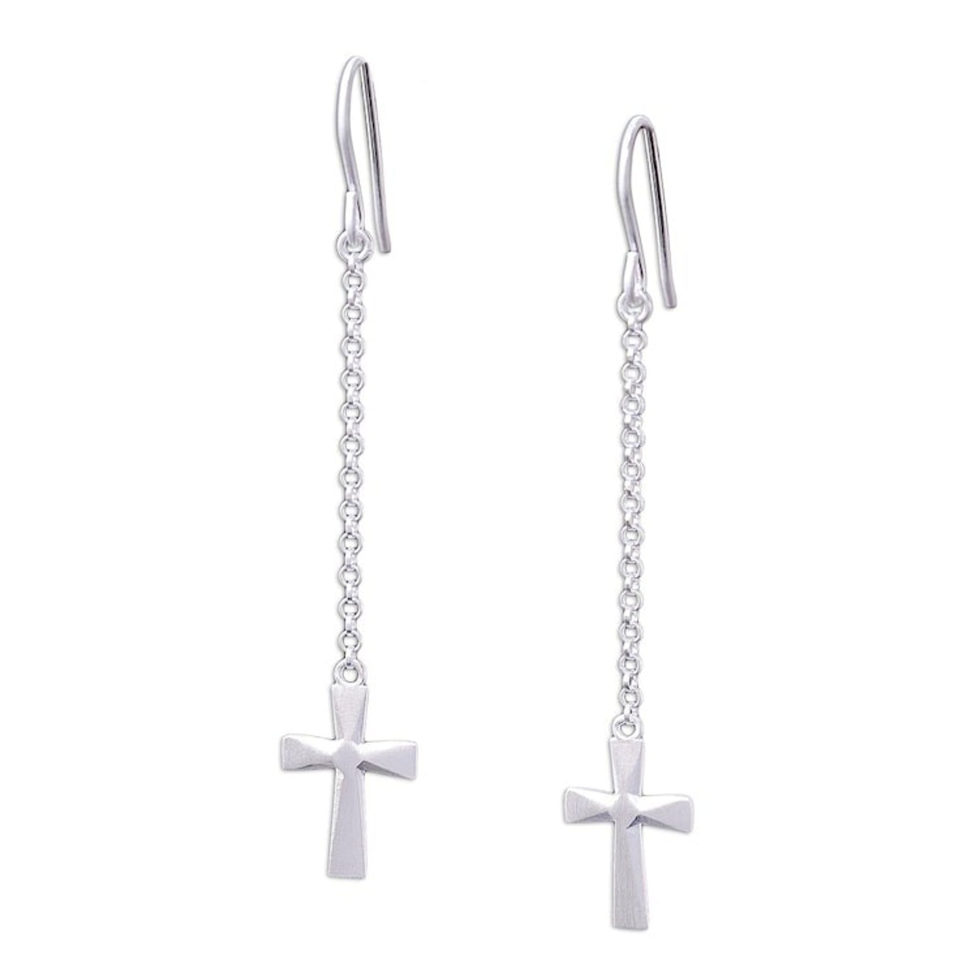 Sterling Silver Cross Dangle Earrings from Thailand 'Profession of Faith'