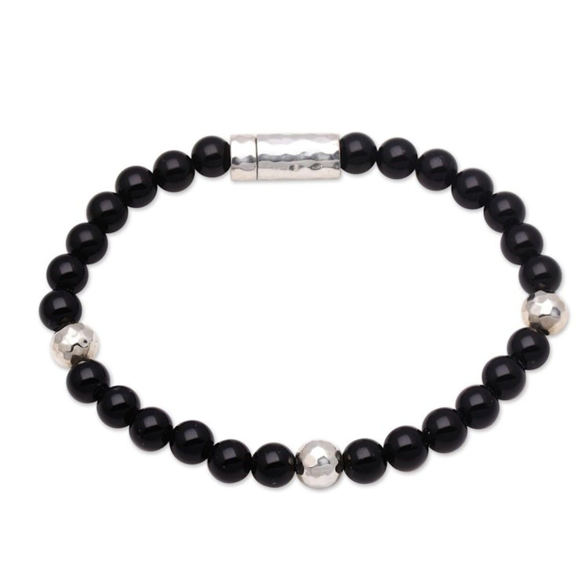Onyx and Hammered Silver Beaded Bracelet from Bali 'Hammered Beauty'