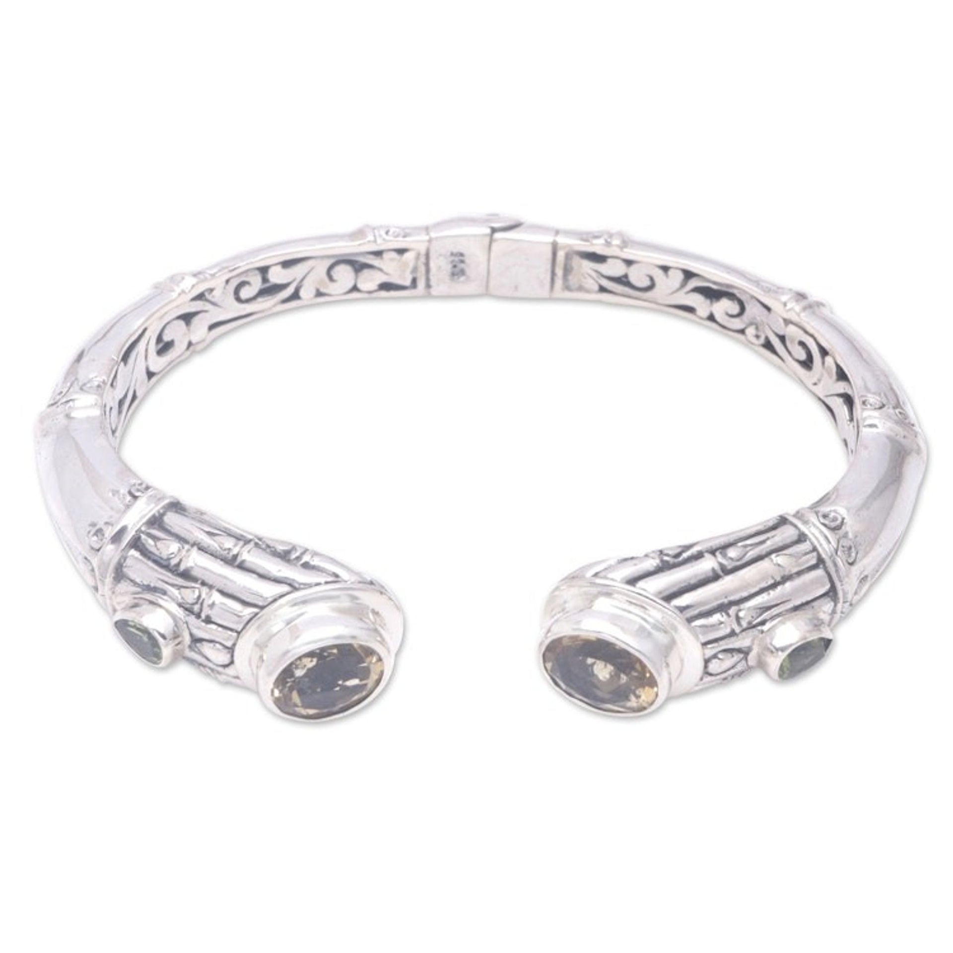 Sterling Silver Cuff Bracelet with Citrine and Peridot Gems 'Precious Bamboo'