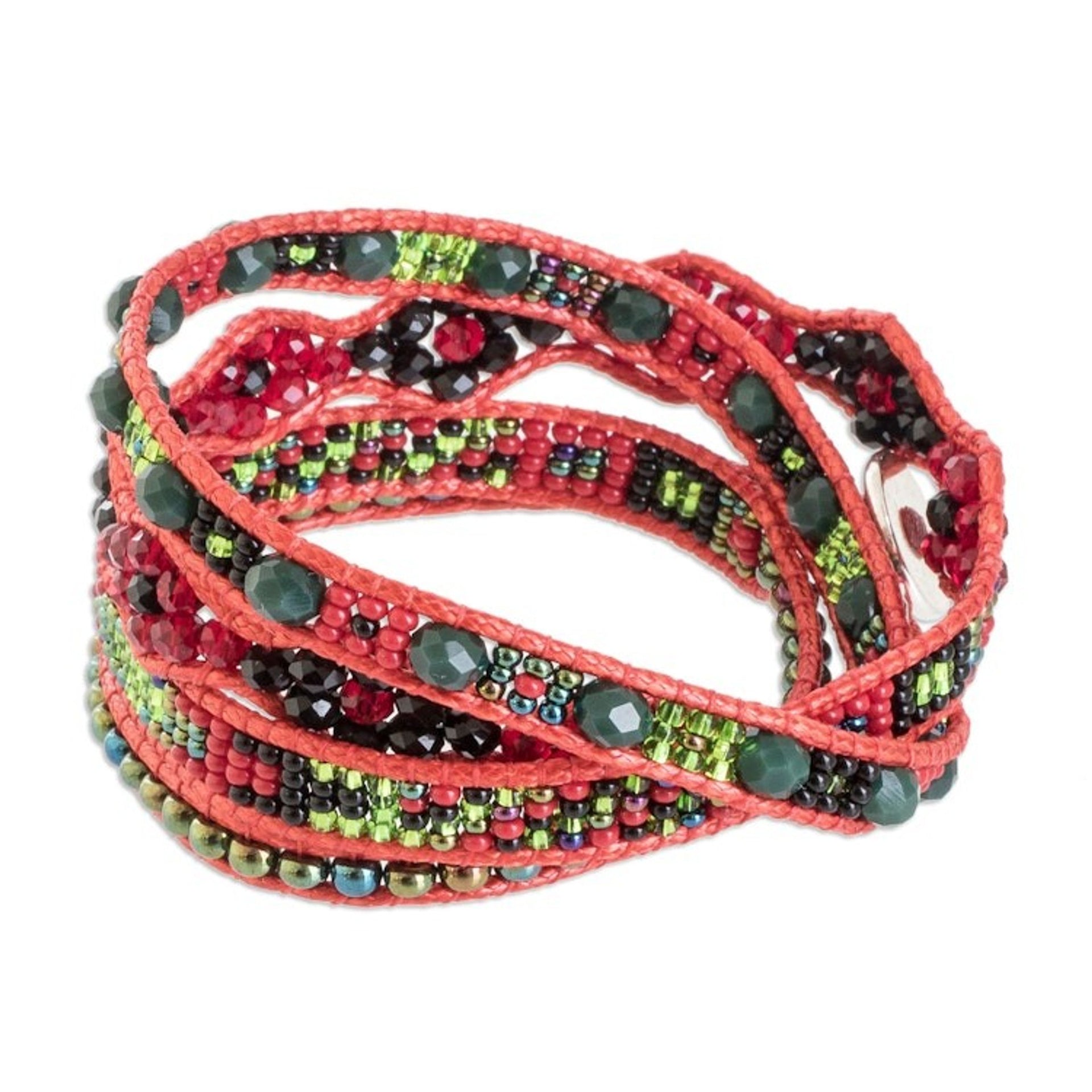 Handcrafted Beaded Positive Energy Long Wrap Bracelet 'Fiery Passion'