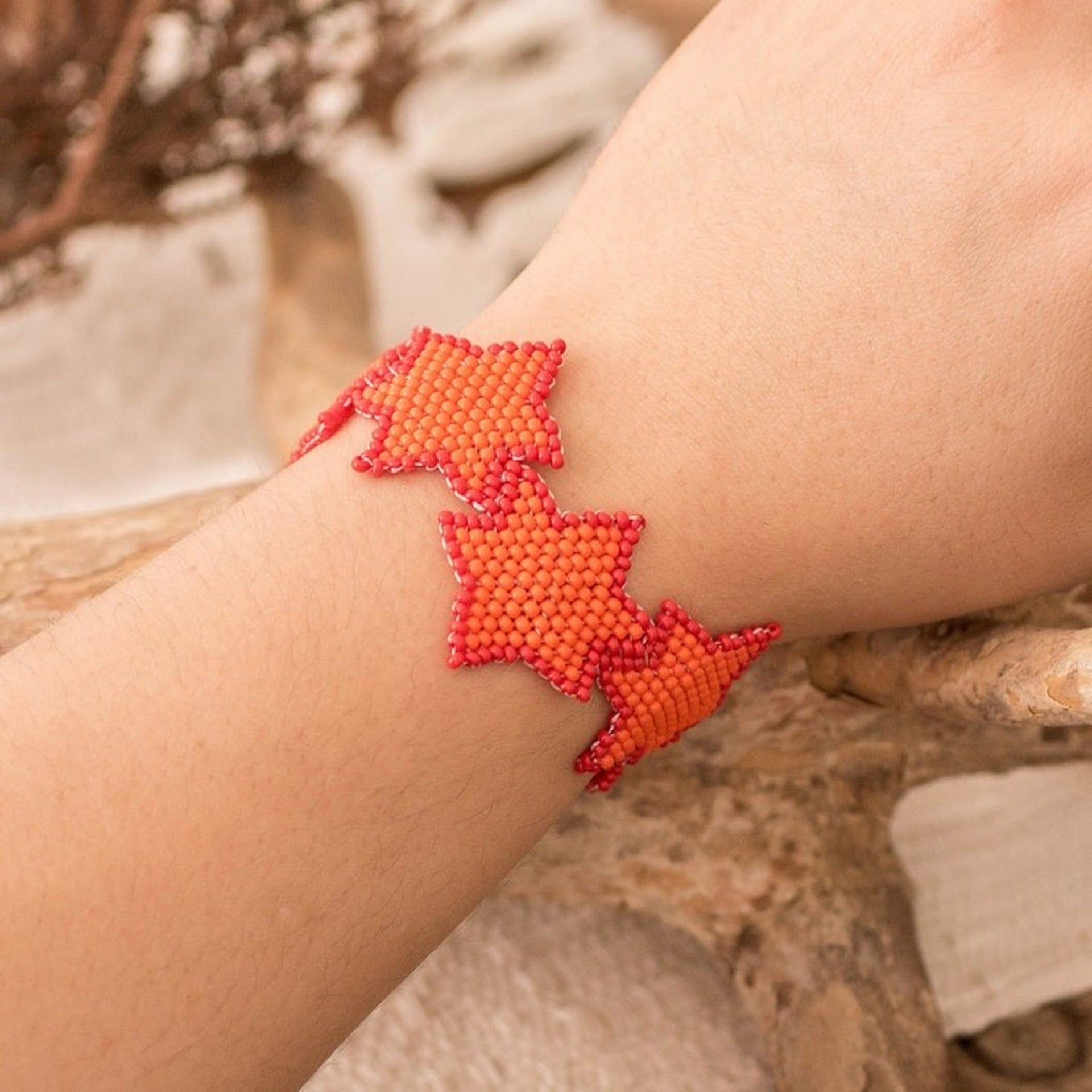 Orange Red Star-Themed Handmade Beaded Wristband Bracelet 'Orange Starlight'