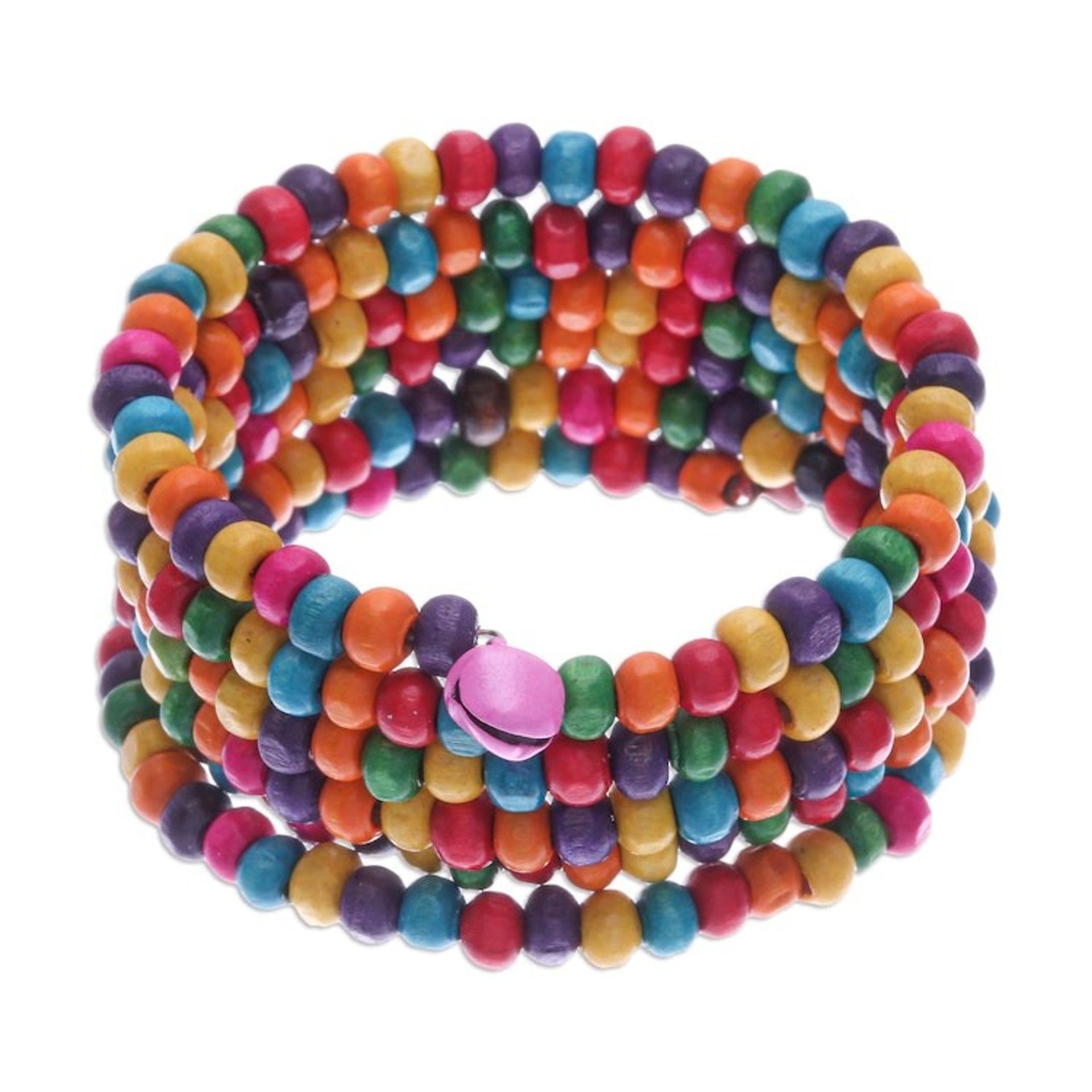 Multicolor Wood Beaded Wrap Bracelet with Bells 1.5 In 'Bubblegum Spin'