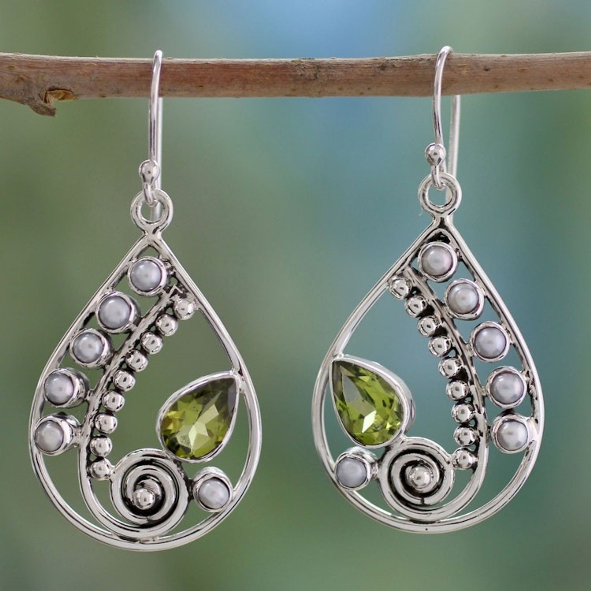 Pearl and Peridot Earrings Sterling Silver Jewelry 'Inspired Paisley'