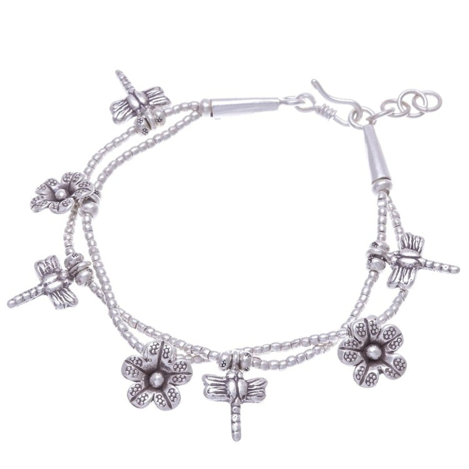 Karen Silver Double Strand Beaded Dragonfly Charm Bracelet 'Dragonfly Meadow'