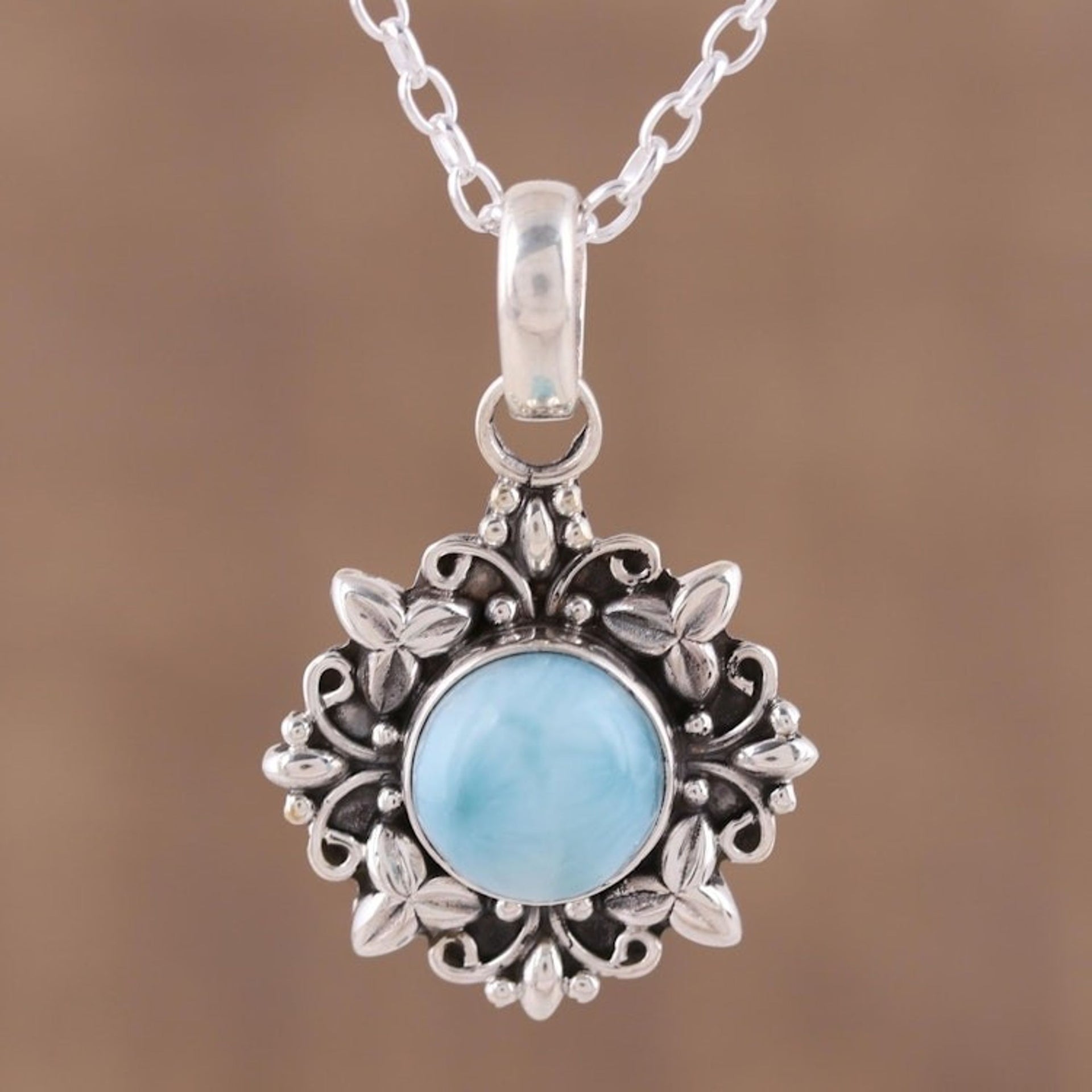 Larimar and Sterling Silver Pendant Necklace from India 'Ethereal Eden'