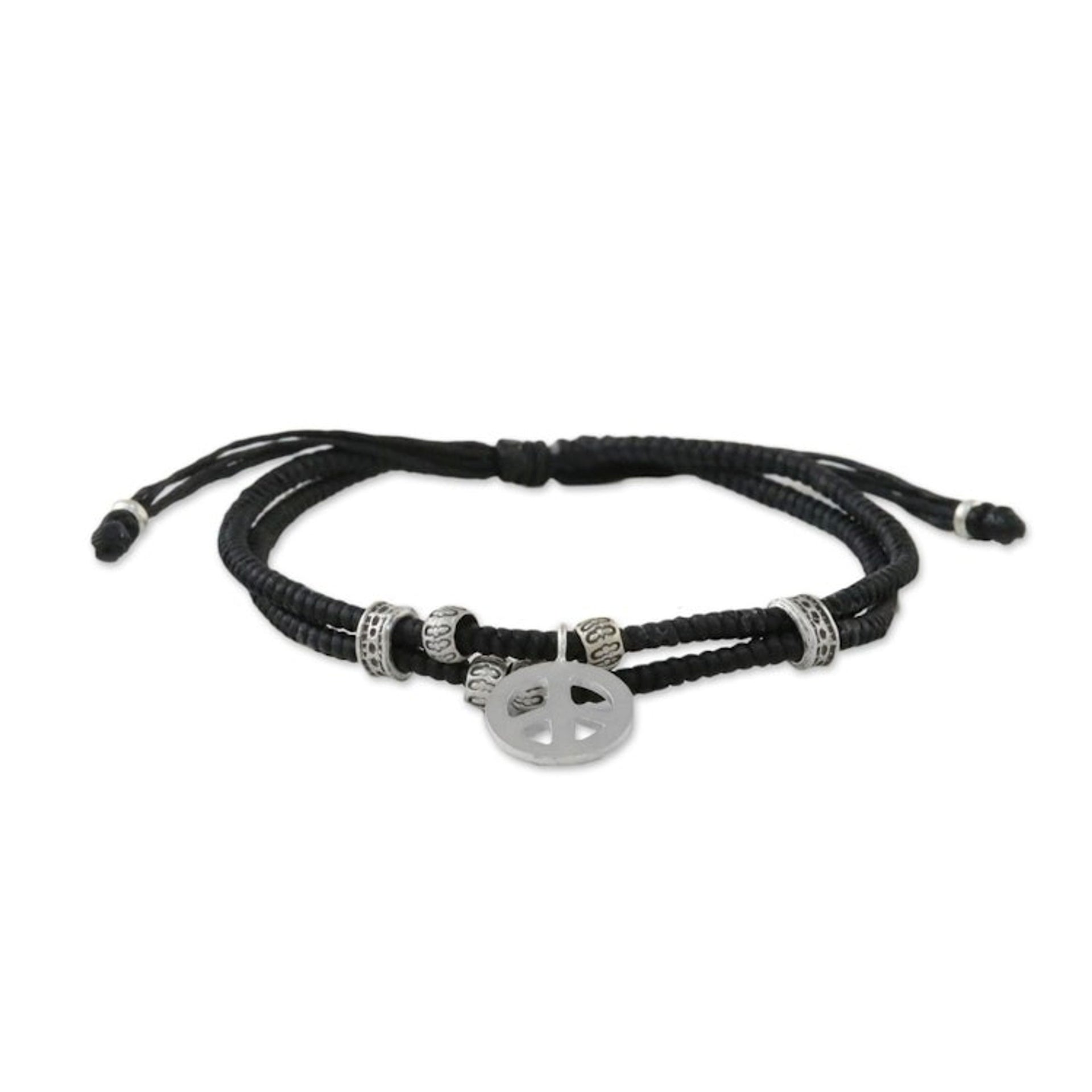 Ebony Colored Cord Beaded Bracelet with Silver Peace Charm 'Peace and Amity'