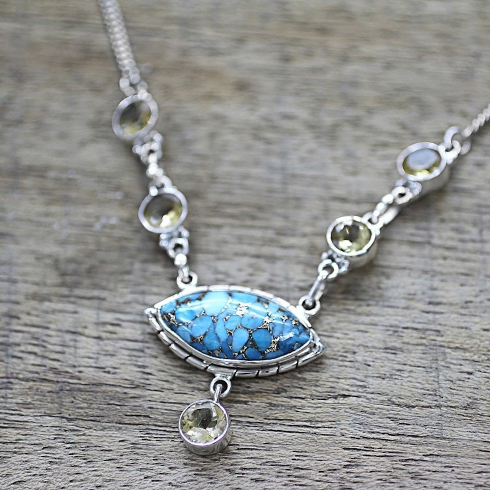 Composite Turquoise and Citrine Pendant Necklace India 'Protective Eye in Light Blue'