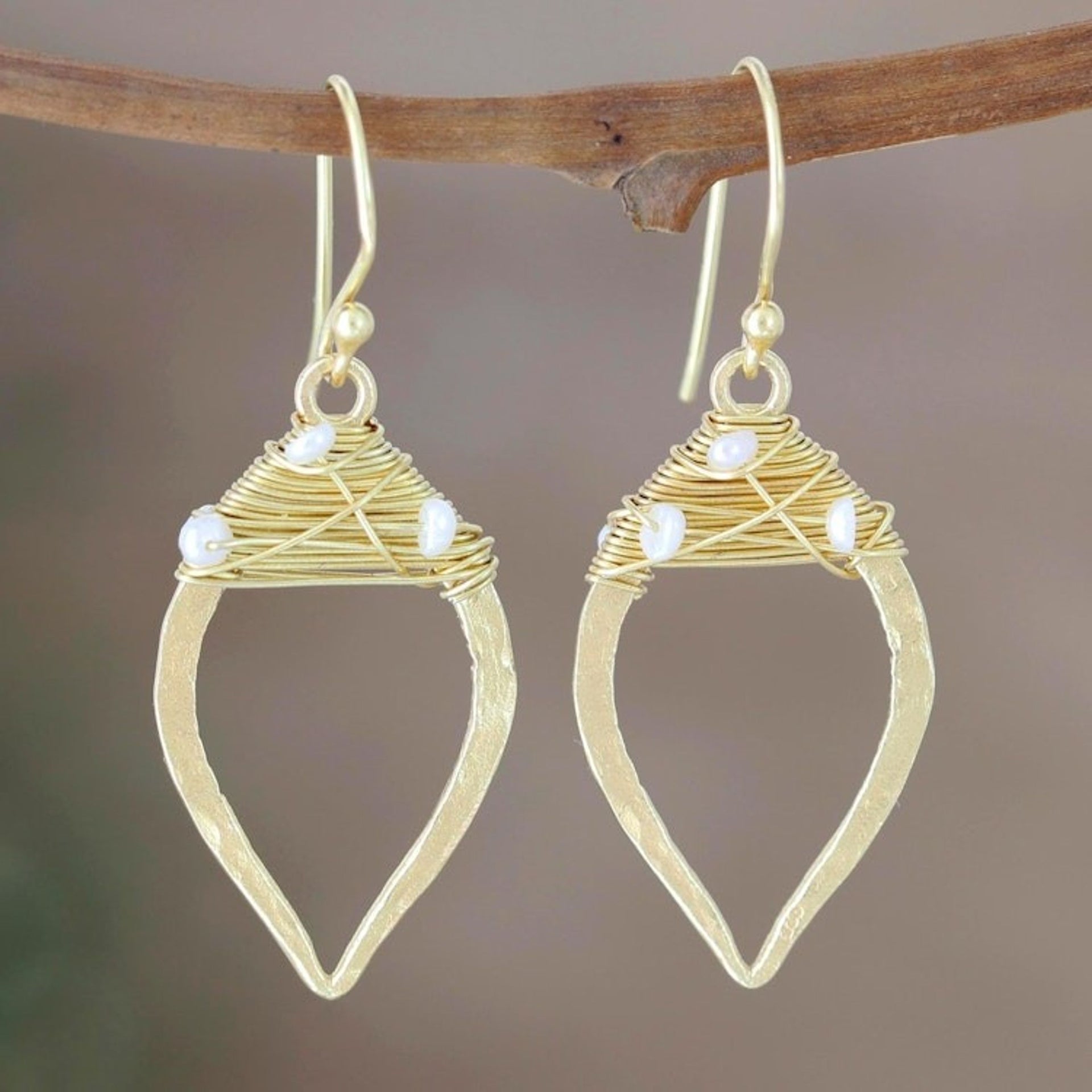 Wire-Wrapped 22k Gold Plated Earrings 'Voice of the Sea'