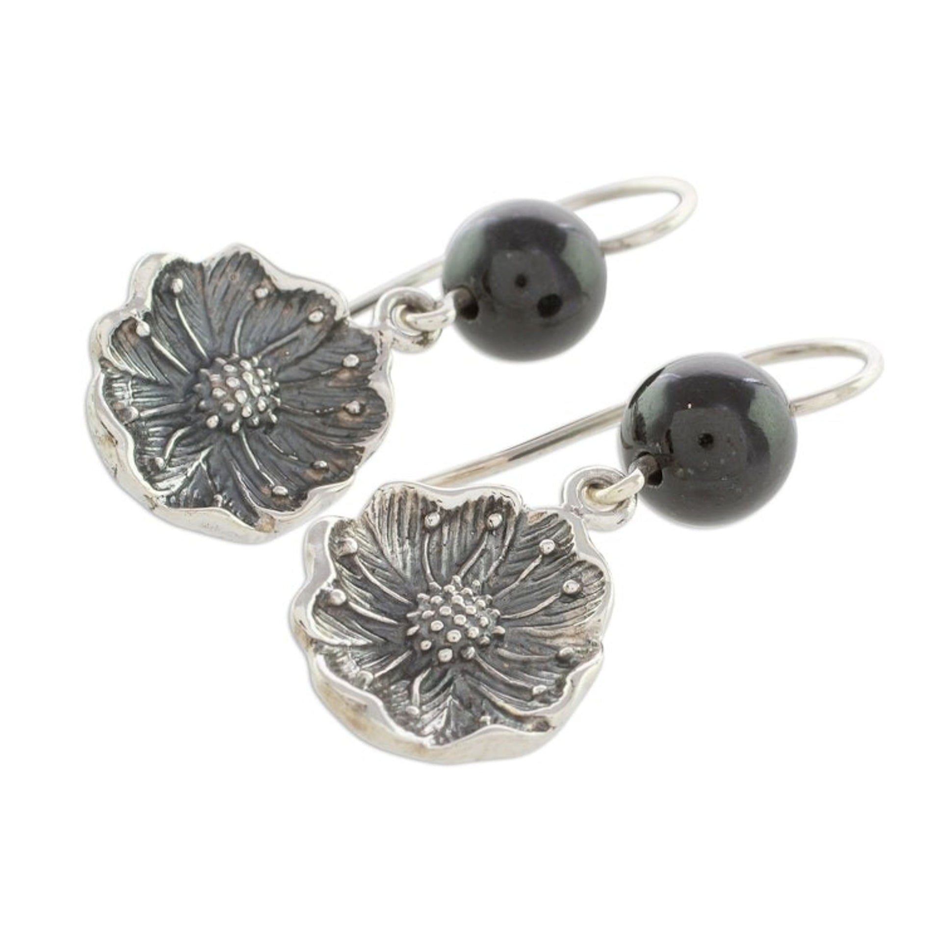 Floral Black Jade Dangle Earrings from Guatemala 'Guatemalan Flowers'