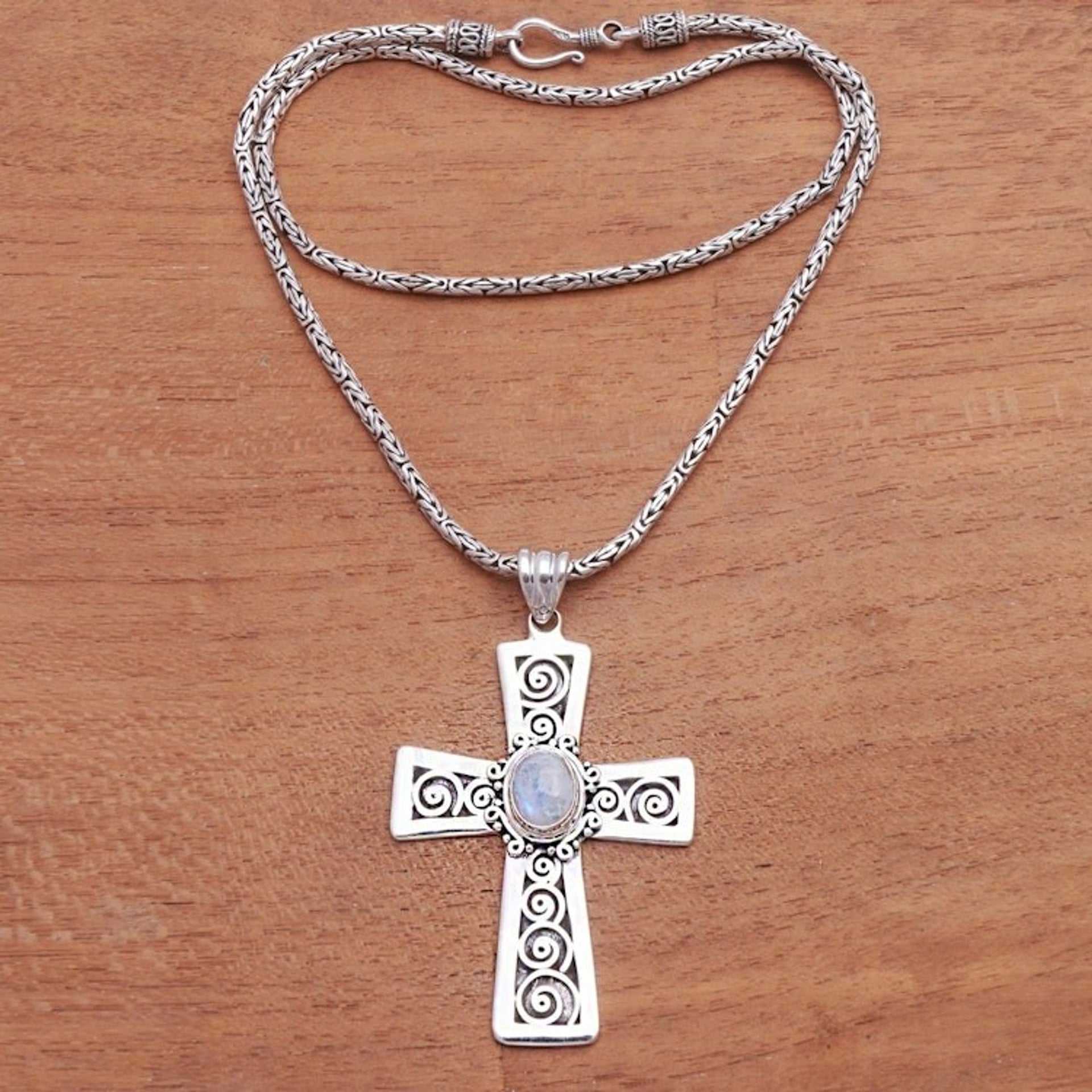 Rainbow Moonstone Cross Pendant Necklace from Bali 'Mesmerizing Faith'