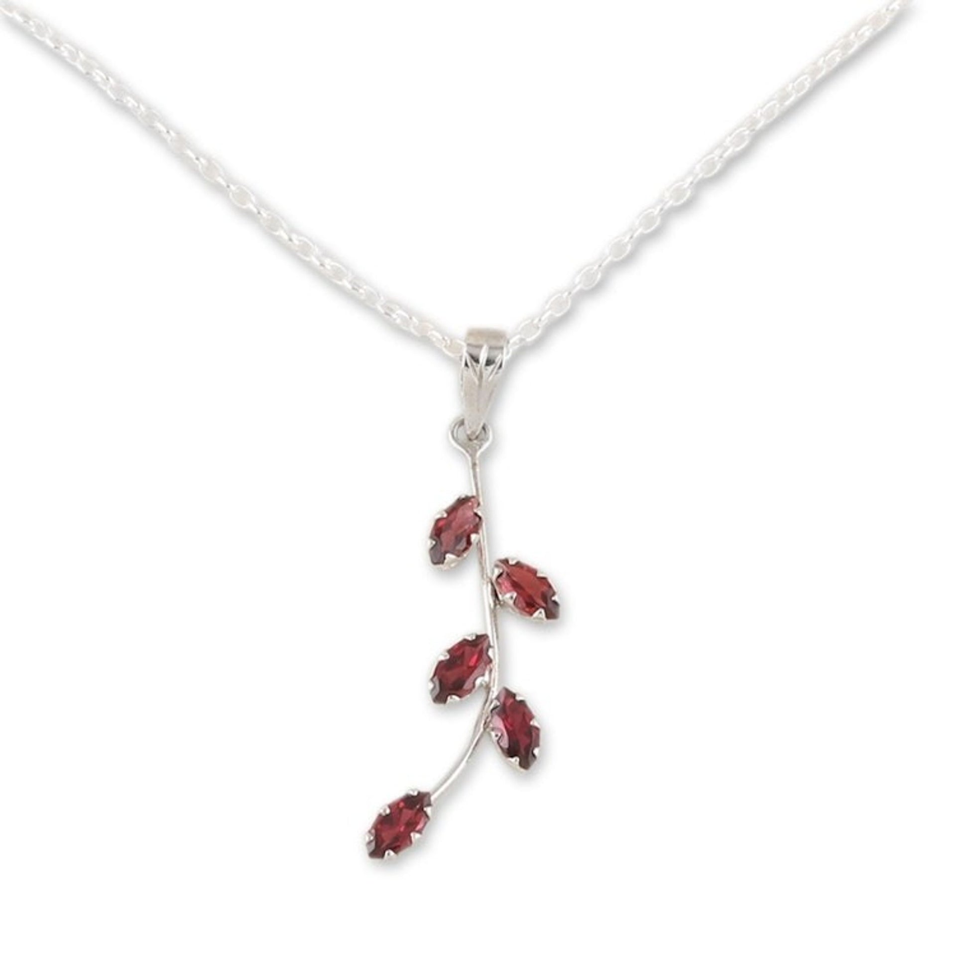 Garnet and Sterling Silver Pendant Necklace 'Leaf Sprig'