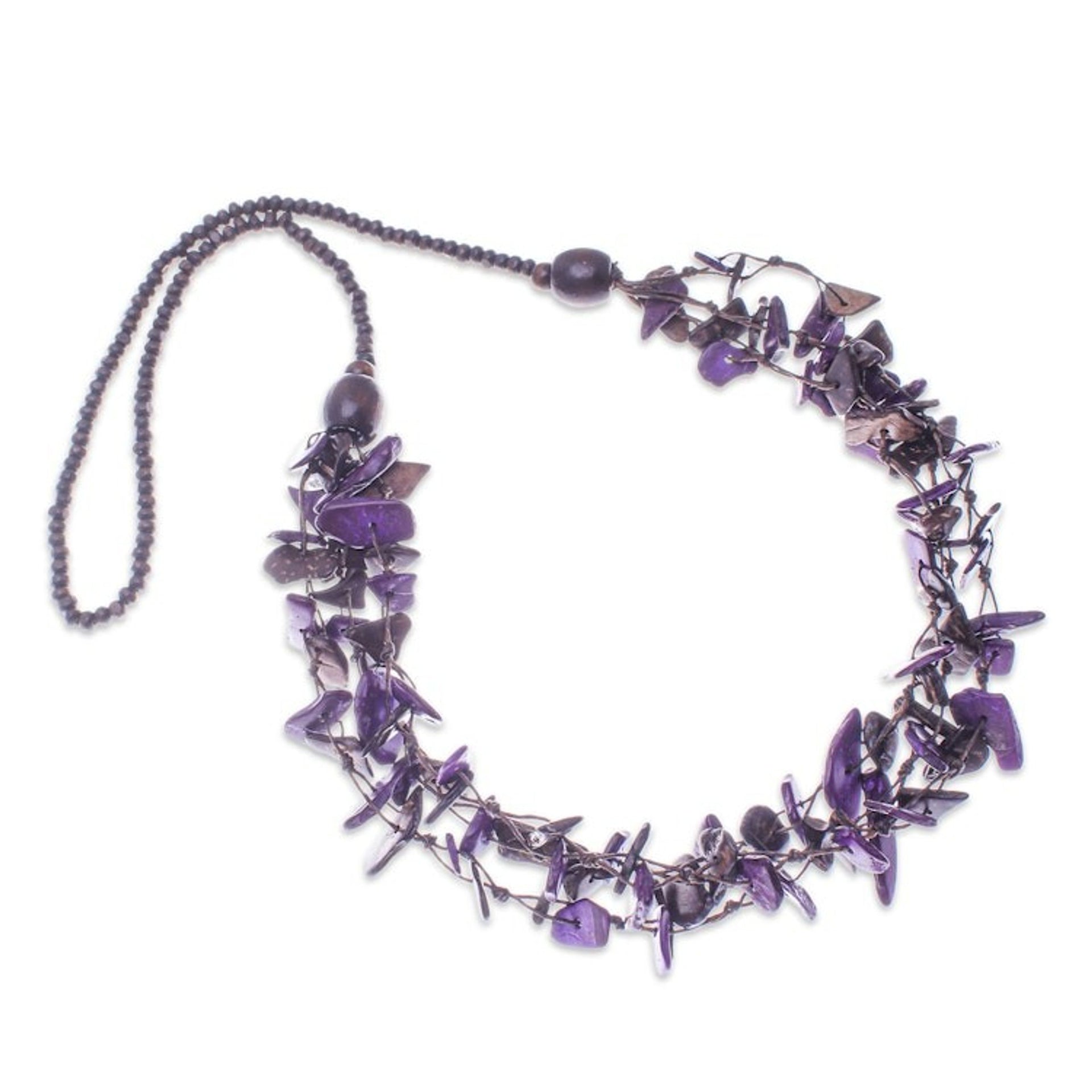 Hand-Painted Purple and Brown Beaded Three-Strand Necklace 'Fragments of Magic'