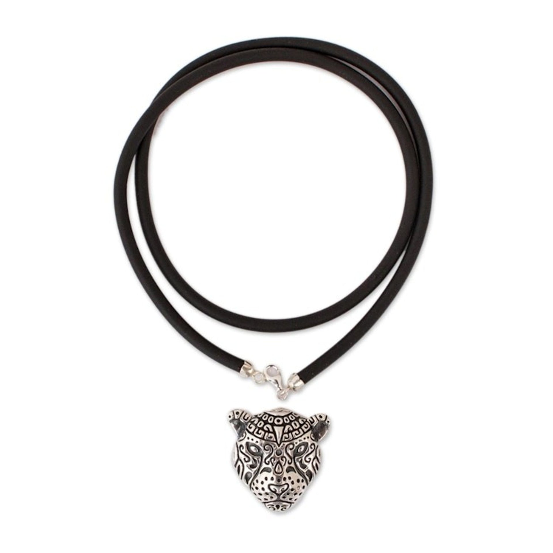 Sterling Silver Spotted Jaguar Pendant Necklace from Mexico 'Stylized Jaguar'
