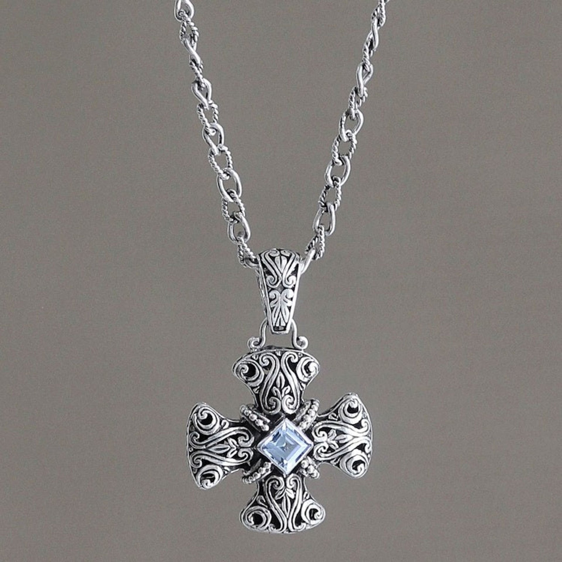 Blue topaz pendant necklace 'Floral Cross'