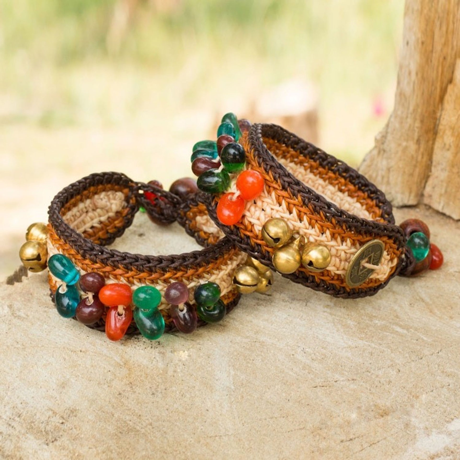 Beaded Wristband Bracelets Pair 'Bold Brown Fortunes'