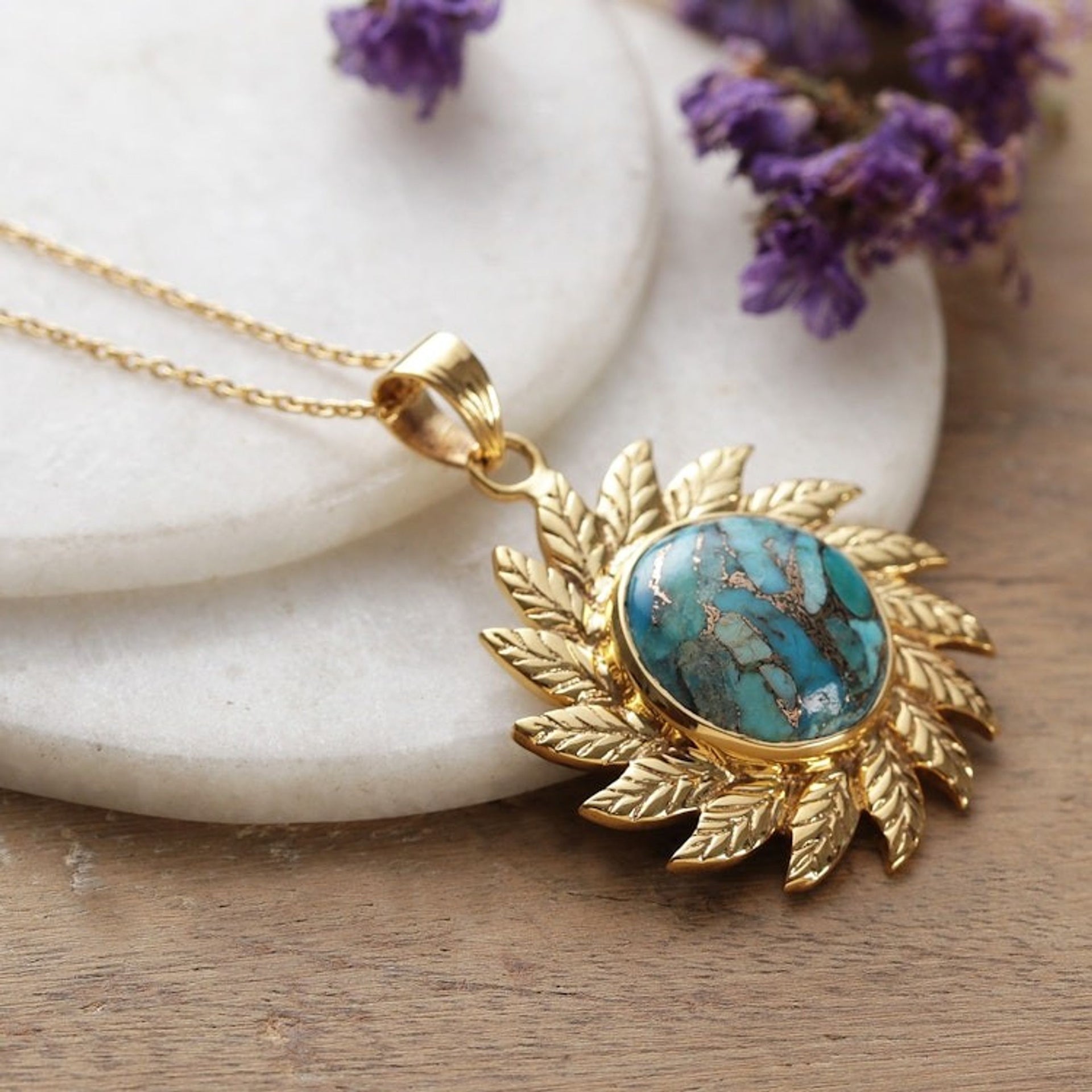 Sun-Themed Leafy Reconstituted Turquoise Pendant Necklace 'Arcadian Sun'