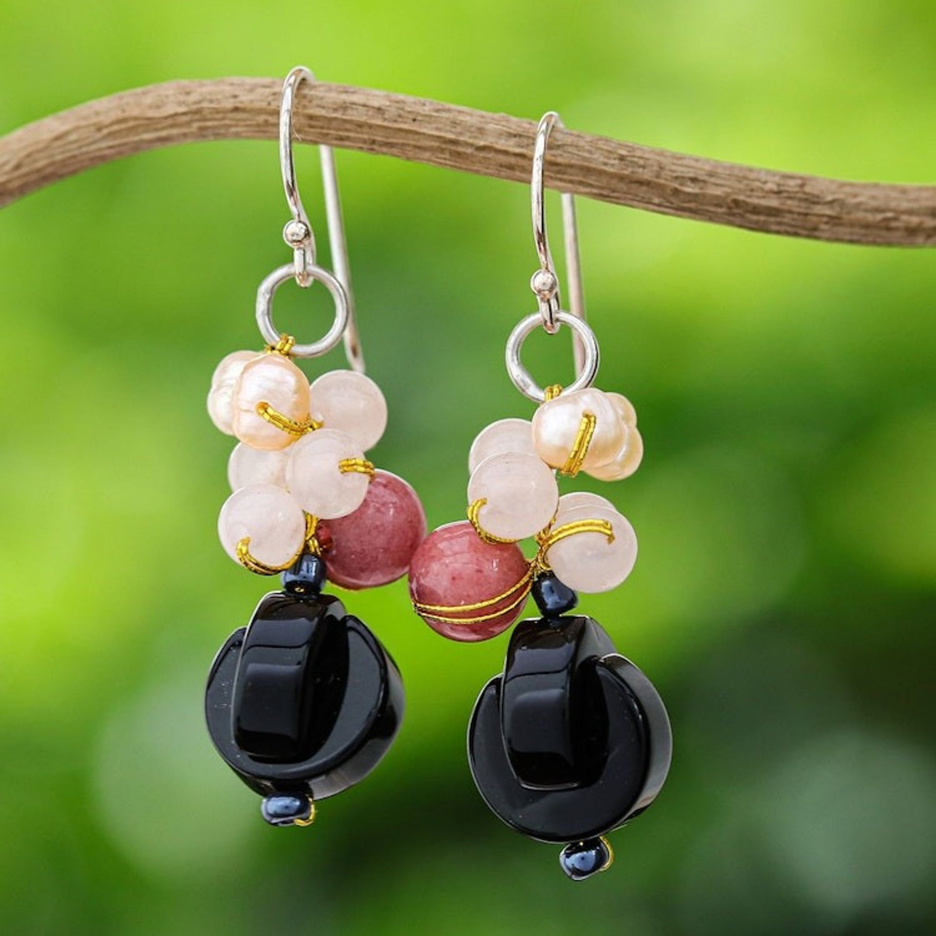 Onyx Multi-Gemstone Dangle Earrings from Thailand 'Tidal Wave in Pink'