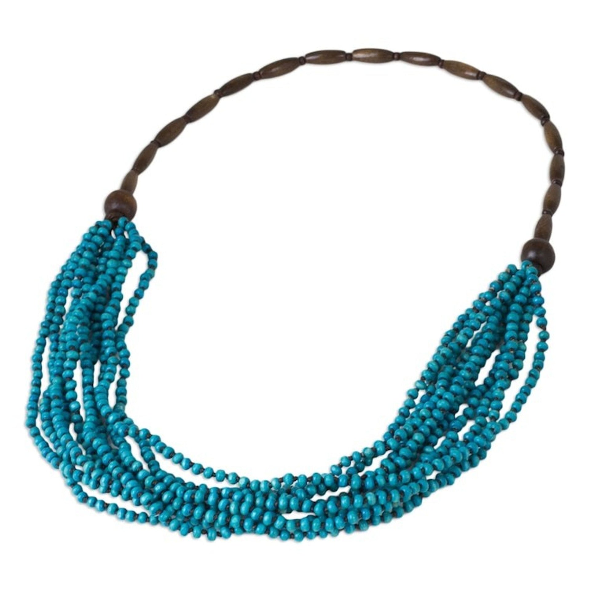 Artisan Crafted Blue Wood Statement Necklace from Thailand 'Rising Summer'