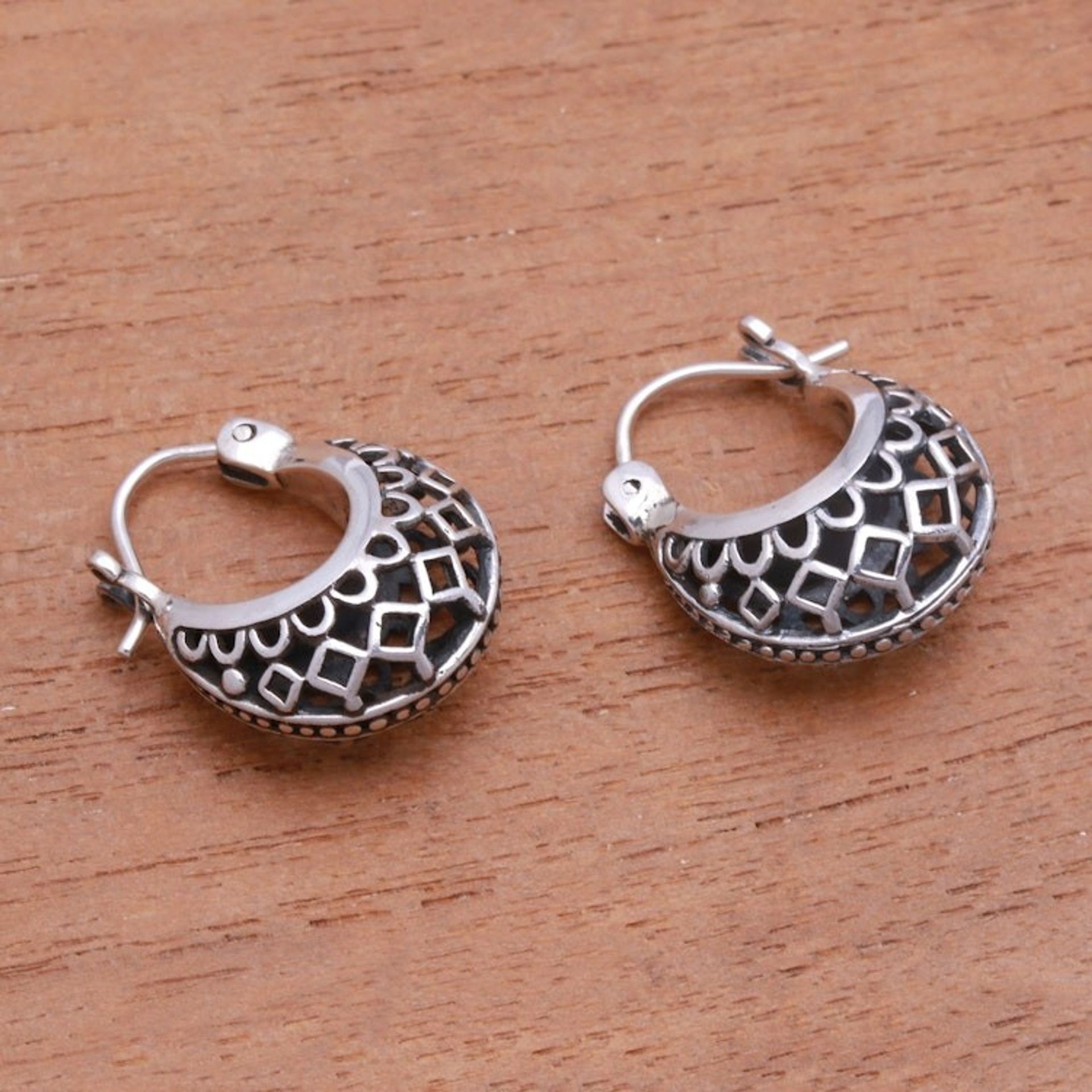 Openwork Sterling Silver Hoop Earrings from Bali 'Curved Elegance'