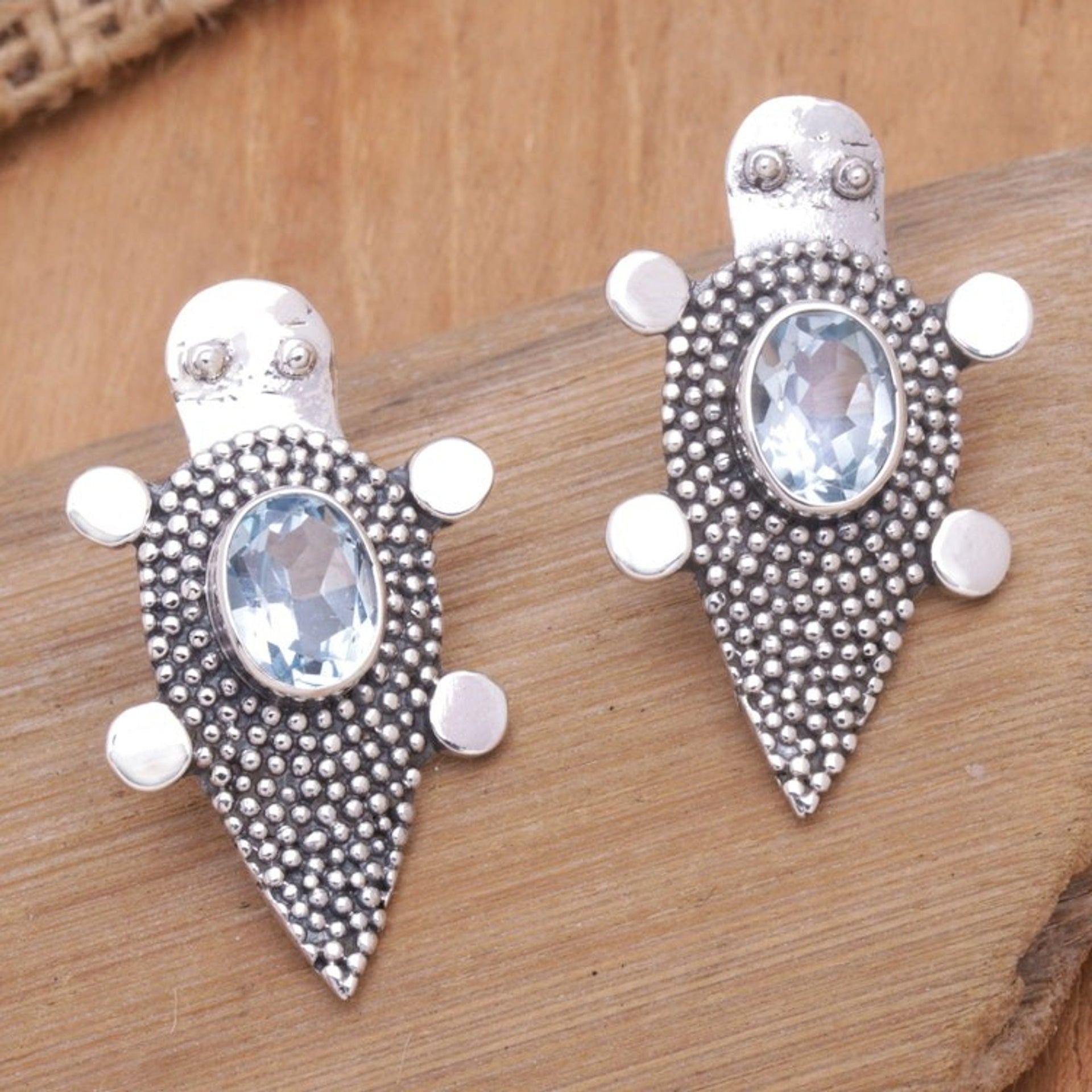 Sterling Silver Blue Topaz Tortoise Button Earrings 'Heaven's Tortoise'
