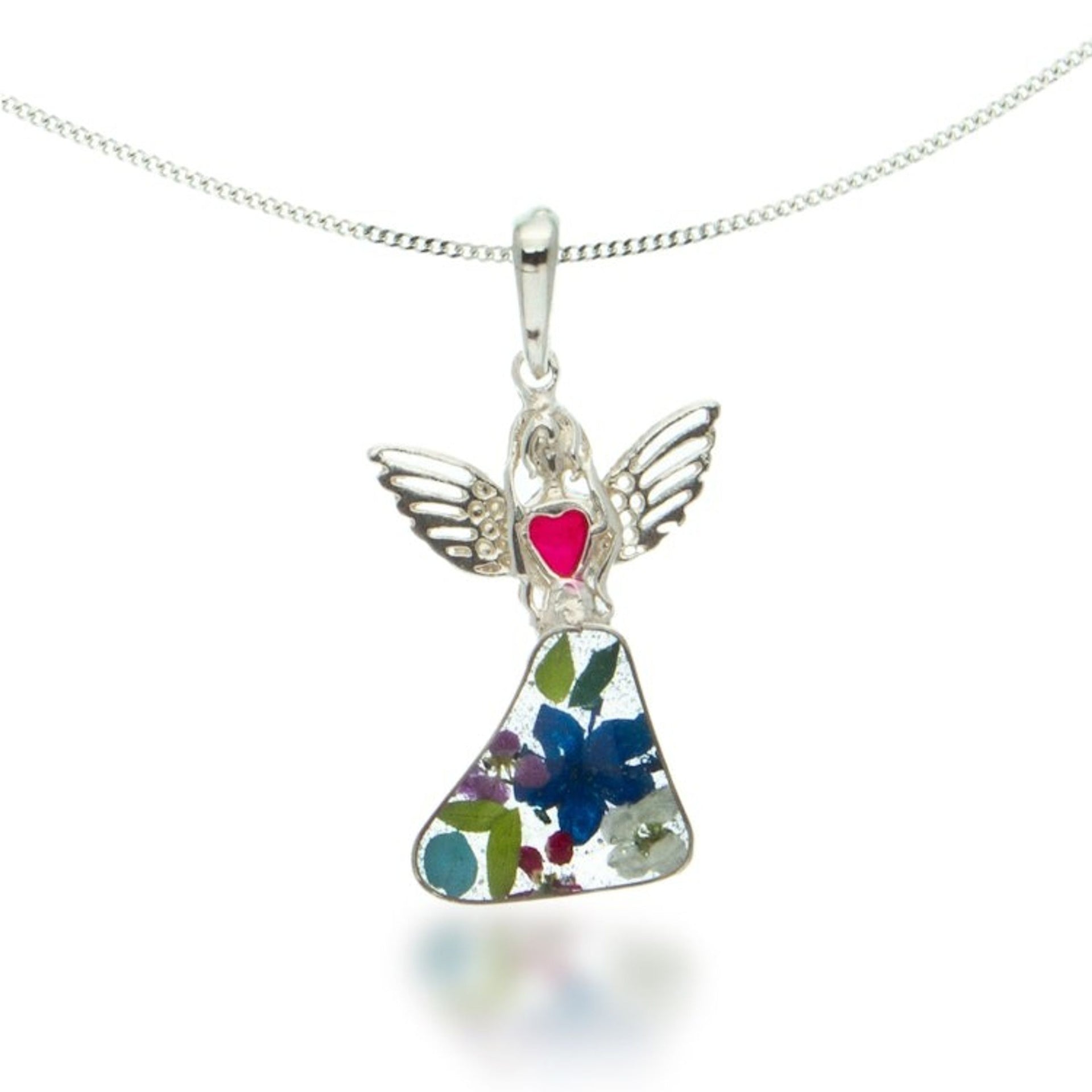 Resin-Preserved Natural Flower Silver Angel Pendant Necklace 'Angelic Heart'