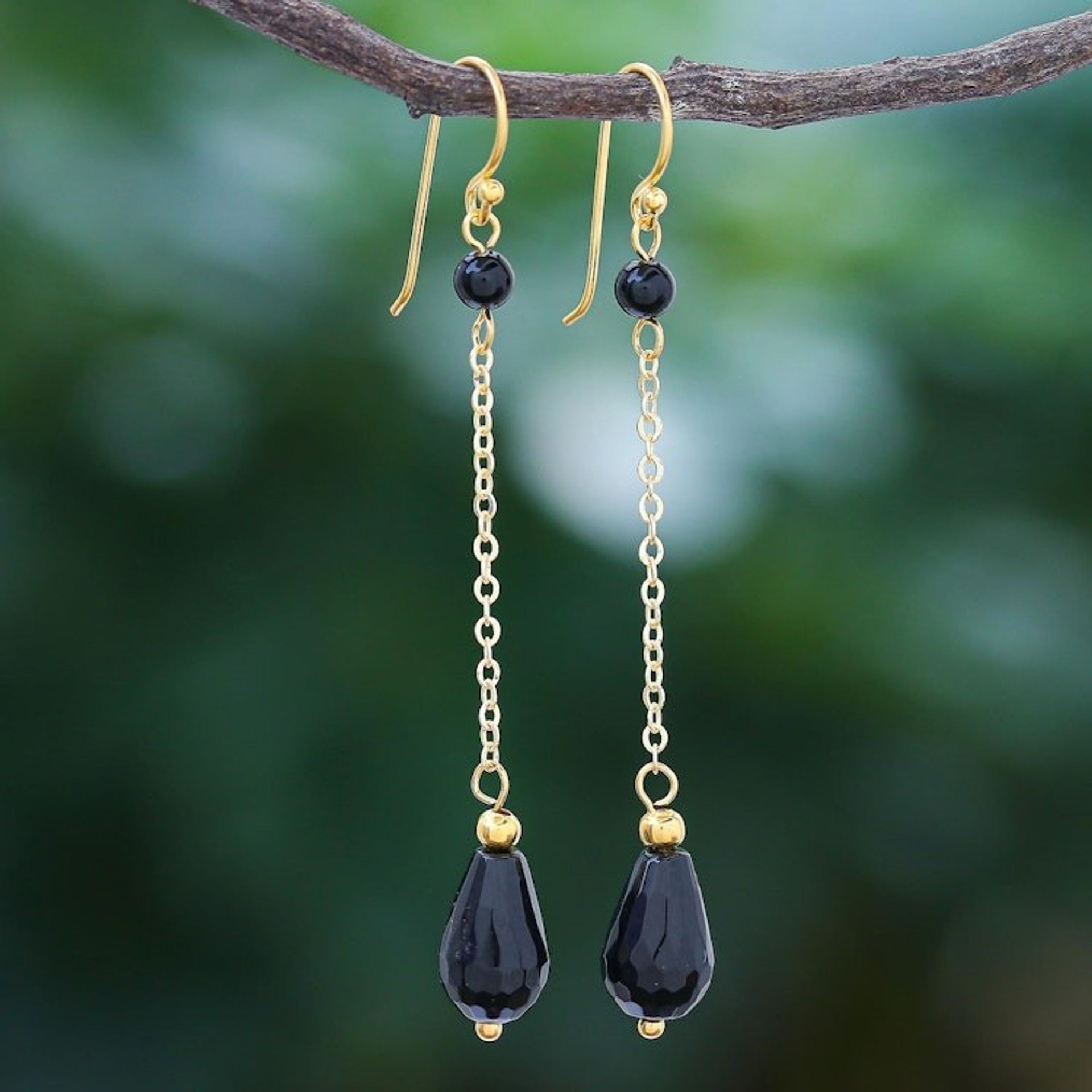 Hand Made Gold-Plated Onyx Dangle Earrings from Thailand 'Night Teardrops'