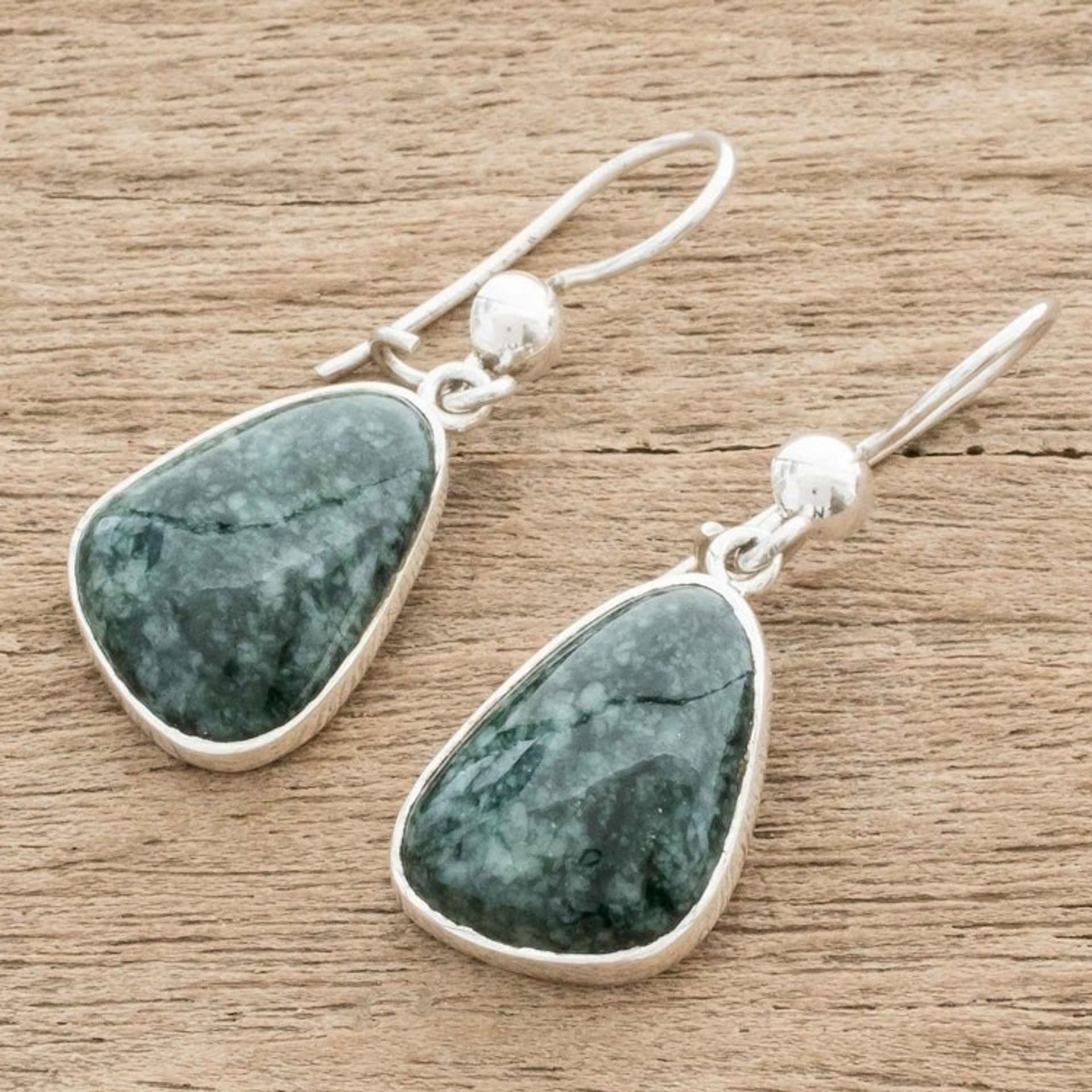 925 Sterling Silver Dark Green Jade Earrings from Guatemala 'Asymmetry in Green'