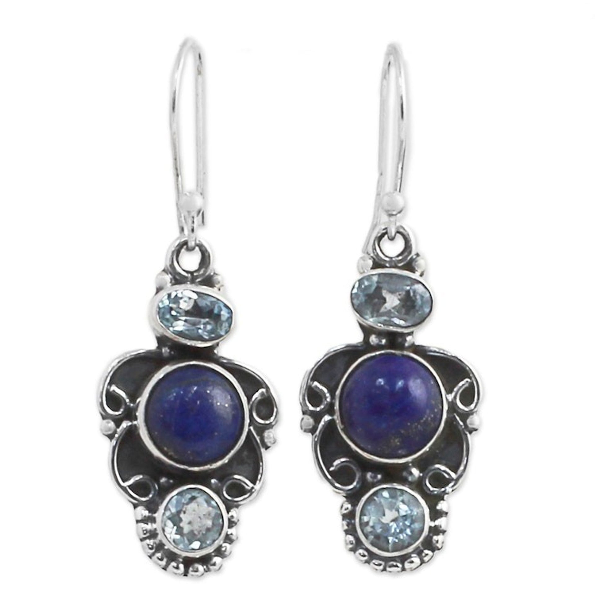 Sterling Silver Earrings with Blue Topaz and Lapis Lazuli 'Blue Alliance'