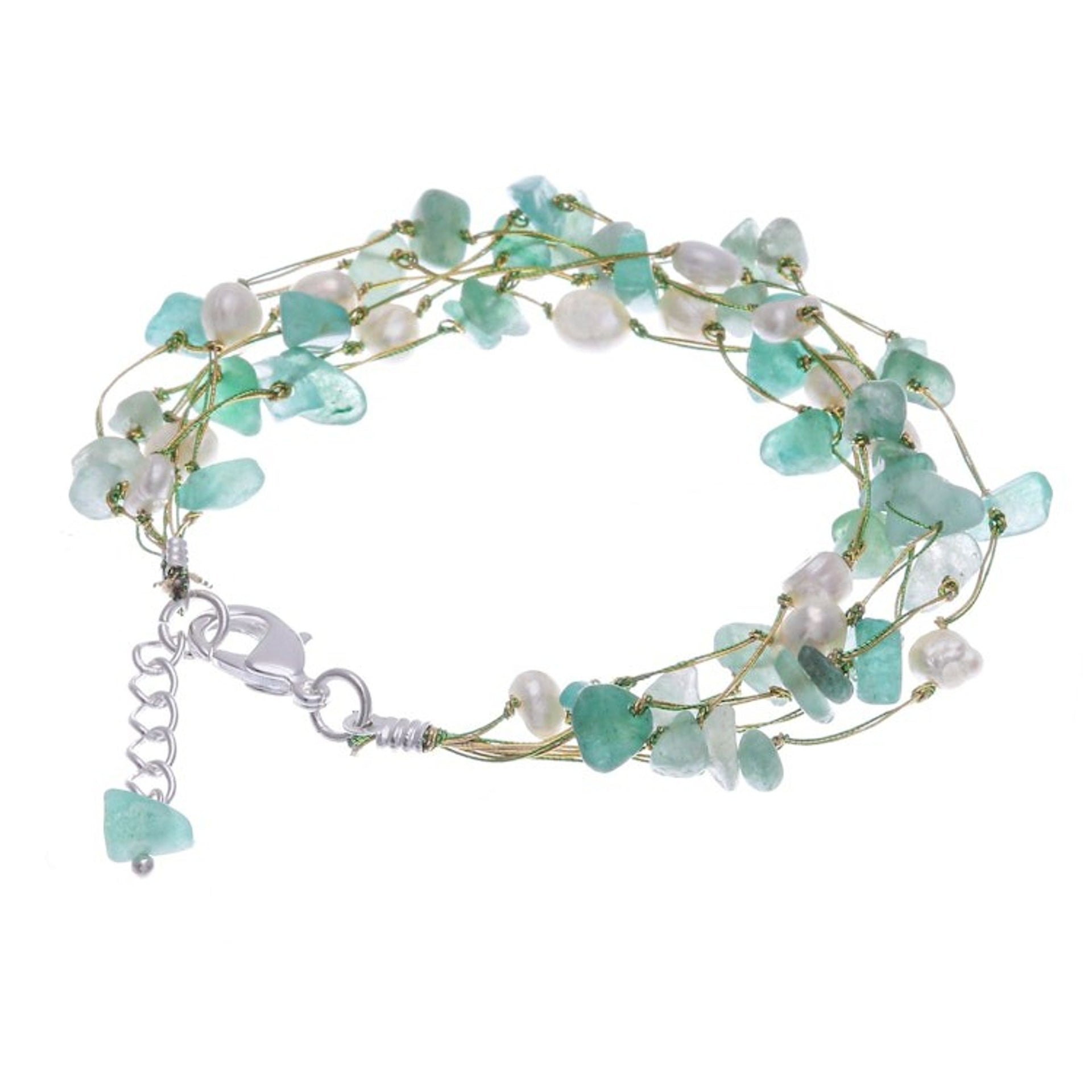 Handmade Aventurine and White Pearl Beaded Strand Bracelet 'Cascade in Mint'