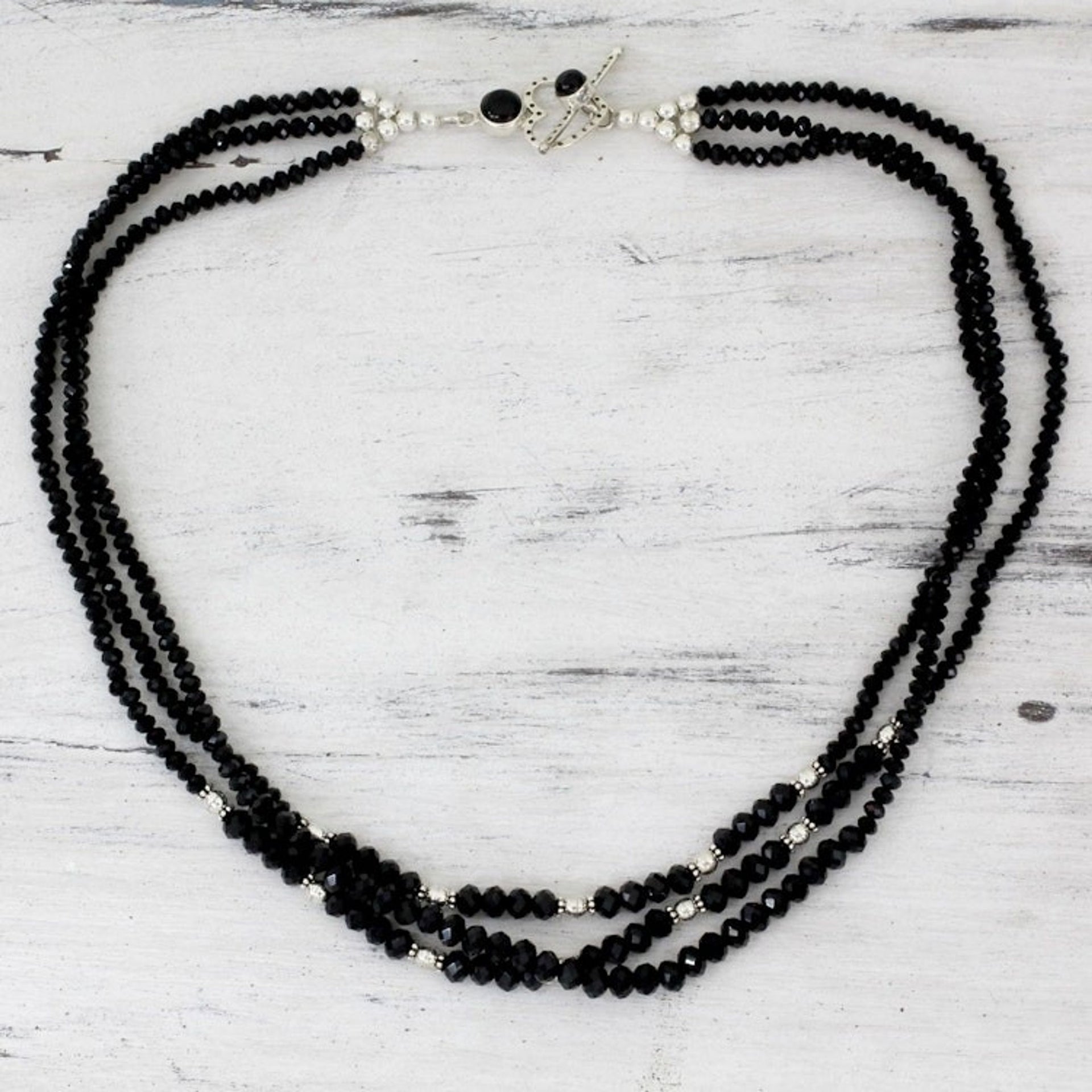 Handcrafted Black Onyx Triple Strand Necklace 'Ebony Elegance'
