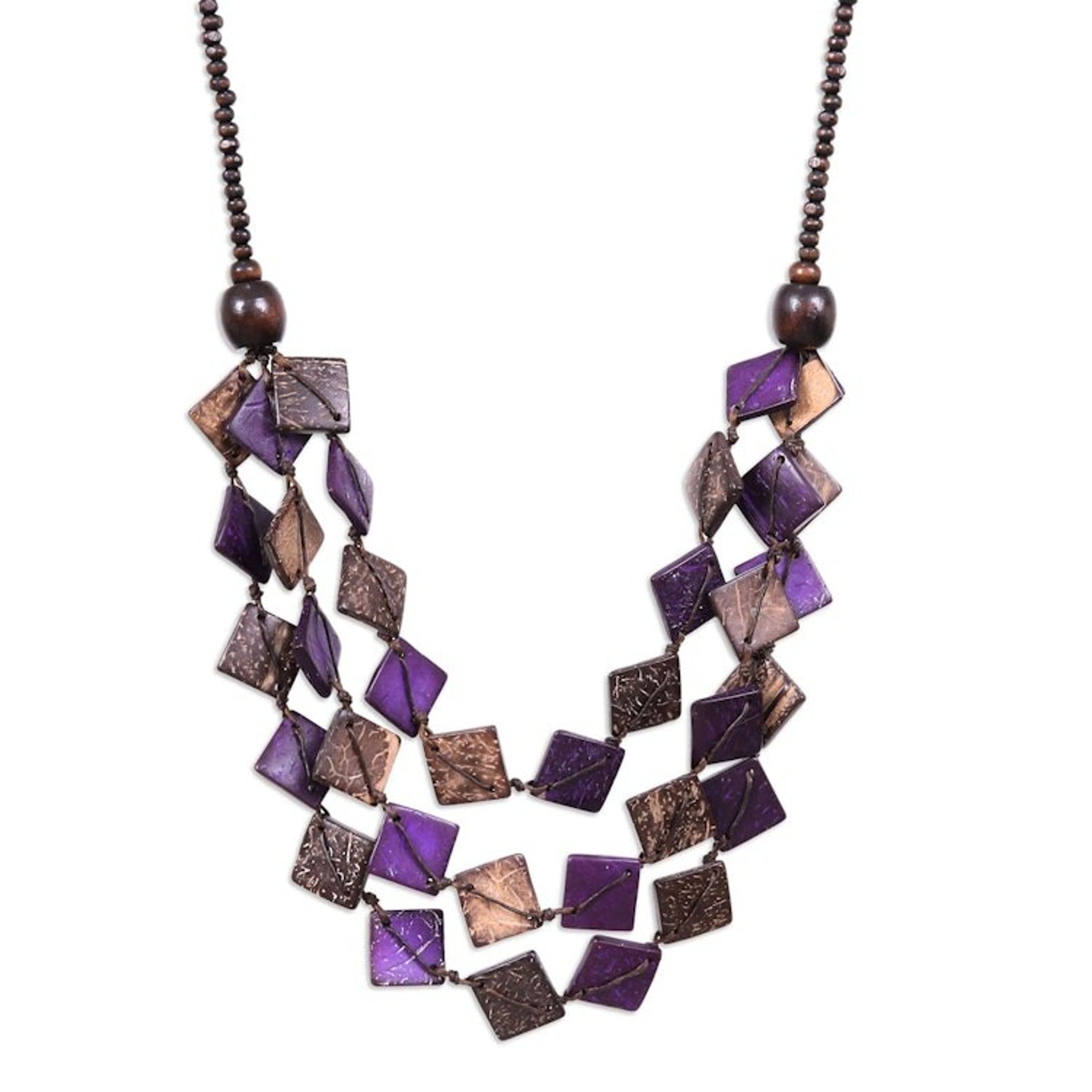 Purple Wood and Coconut Shell Beaded Strand Necklace 'Enchanted Diamonds'