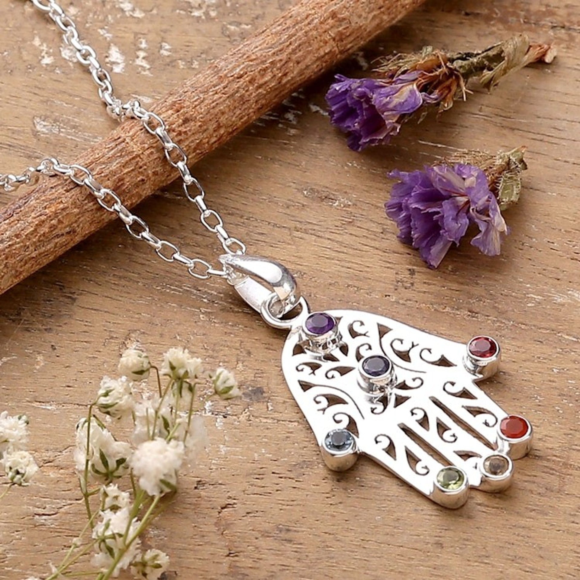 Multi-Gemstone Hamsa Chakra Pendant Necklace from India 'Hamsa Chakra'
