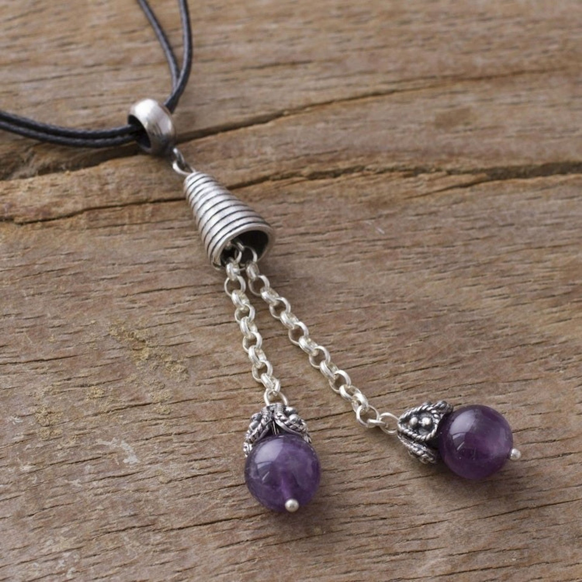 Natural Amethyst Pendant Necklace on Cotton Cord from Peru 'Floral Pendulums'