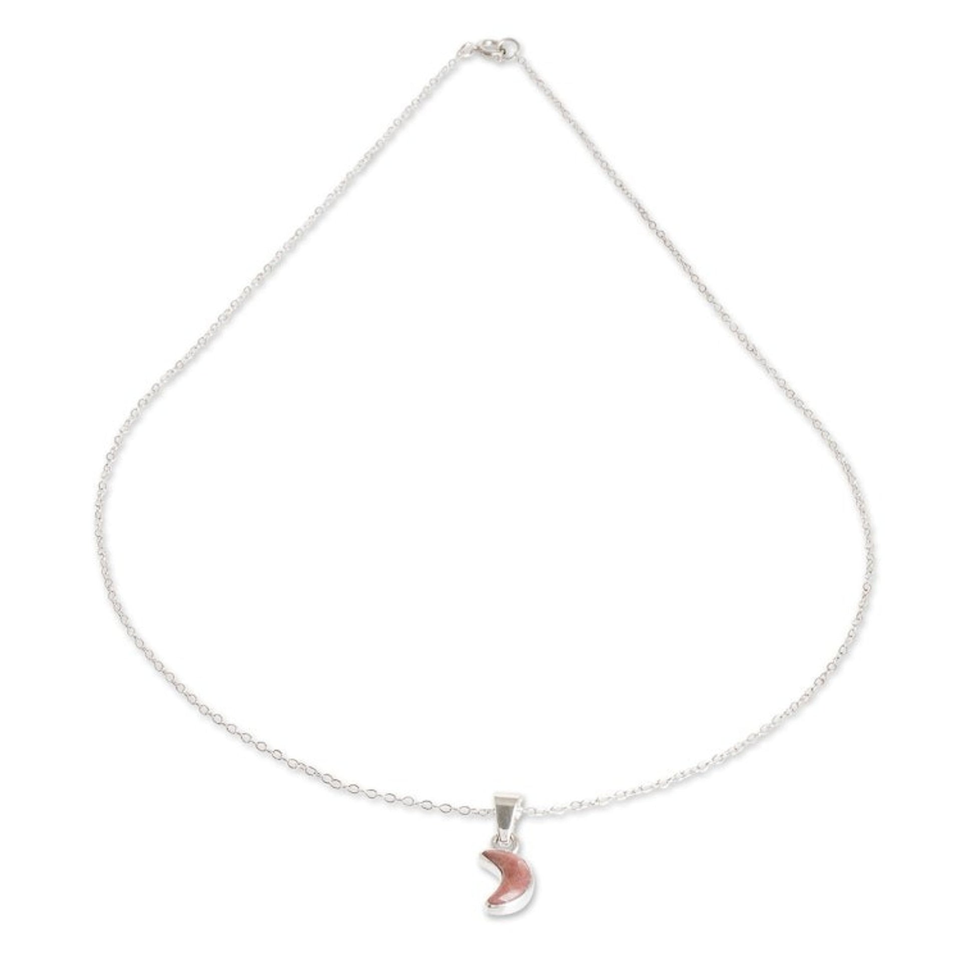 Sterling and Rhodonite Necklace 'Moon Crescent in Pink'