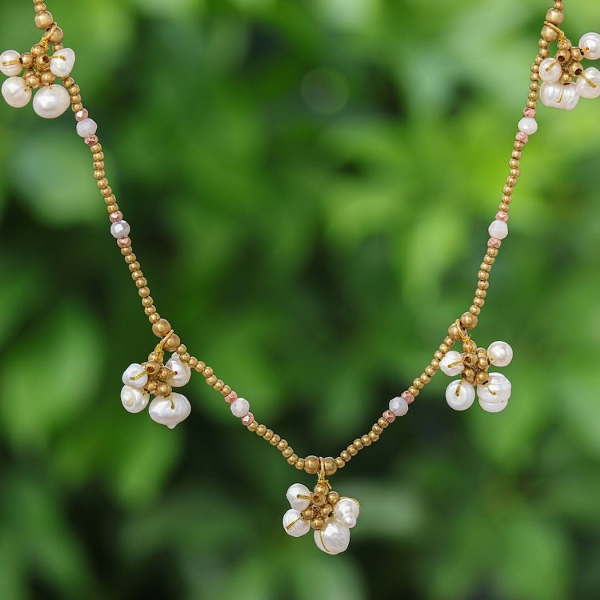 Thai Cultured Pearl and Brass Beaded Necklace 'Pearly Meeting'