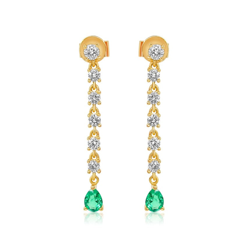 Gold Diamond Prong and Emerald Pear Drop Earring
