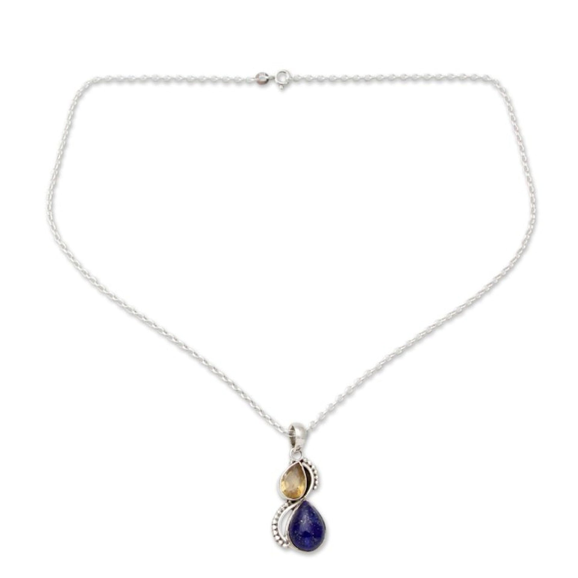 India Silver and Lapis Lazuli Necklace with Faceted Citrine 'Two Teardrops'