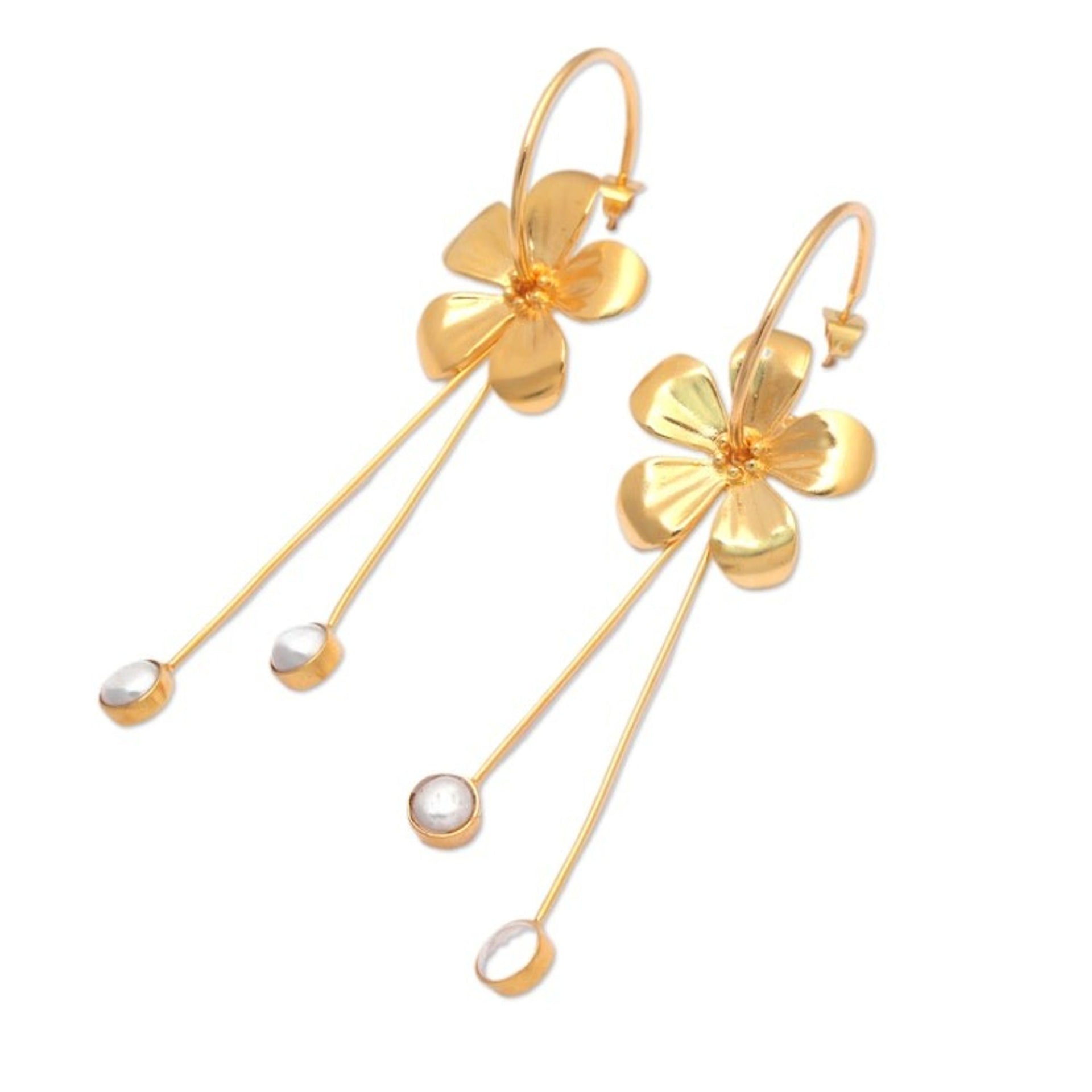 18k Gold-Plated Frangipani-Themed Pearl Drop Earrings 'Pearly Blooms'
